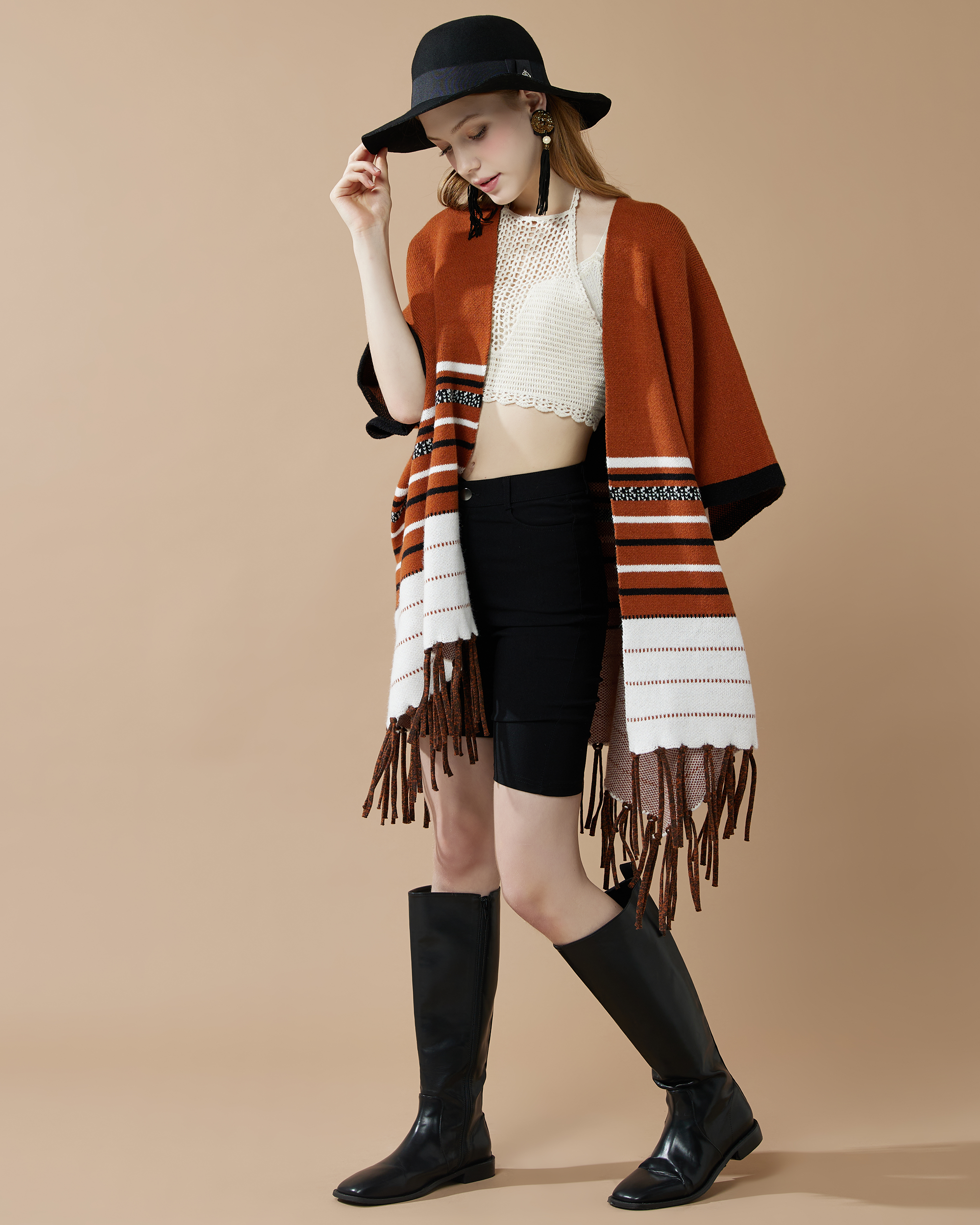 Western Striped Fringed Ruana Poncho Sweater Cardigan - Rust