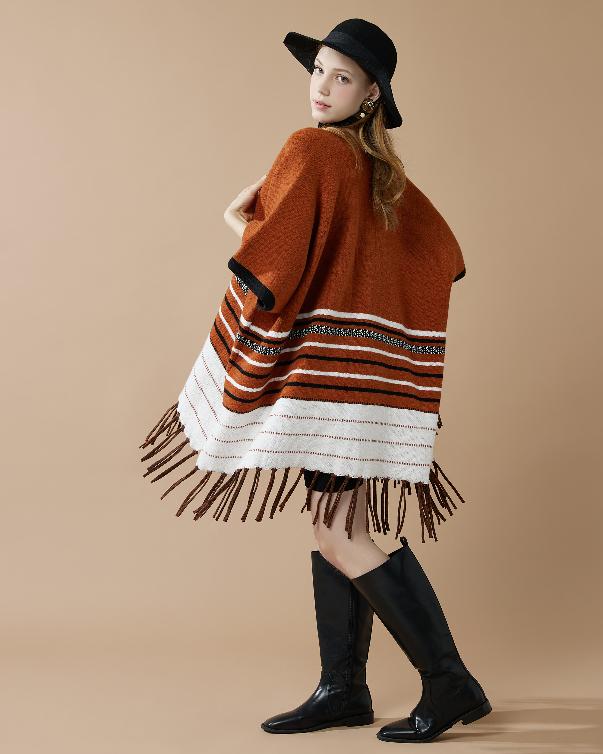 Western Striped Fringed Ruana Poncho Sweater Cardigan - Rust