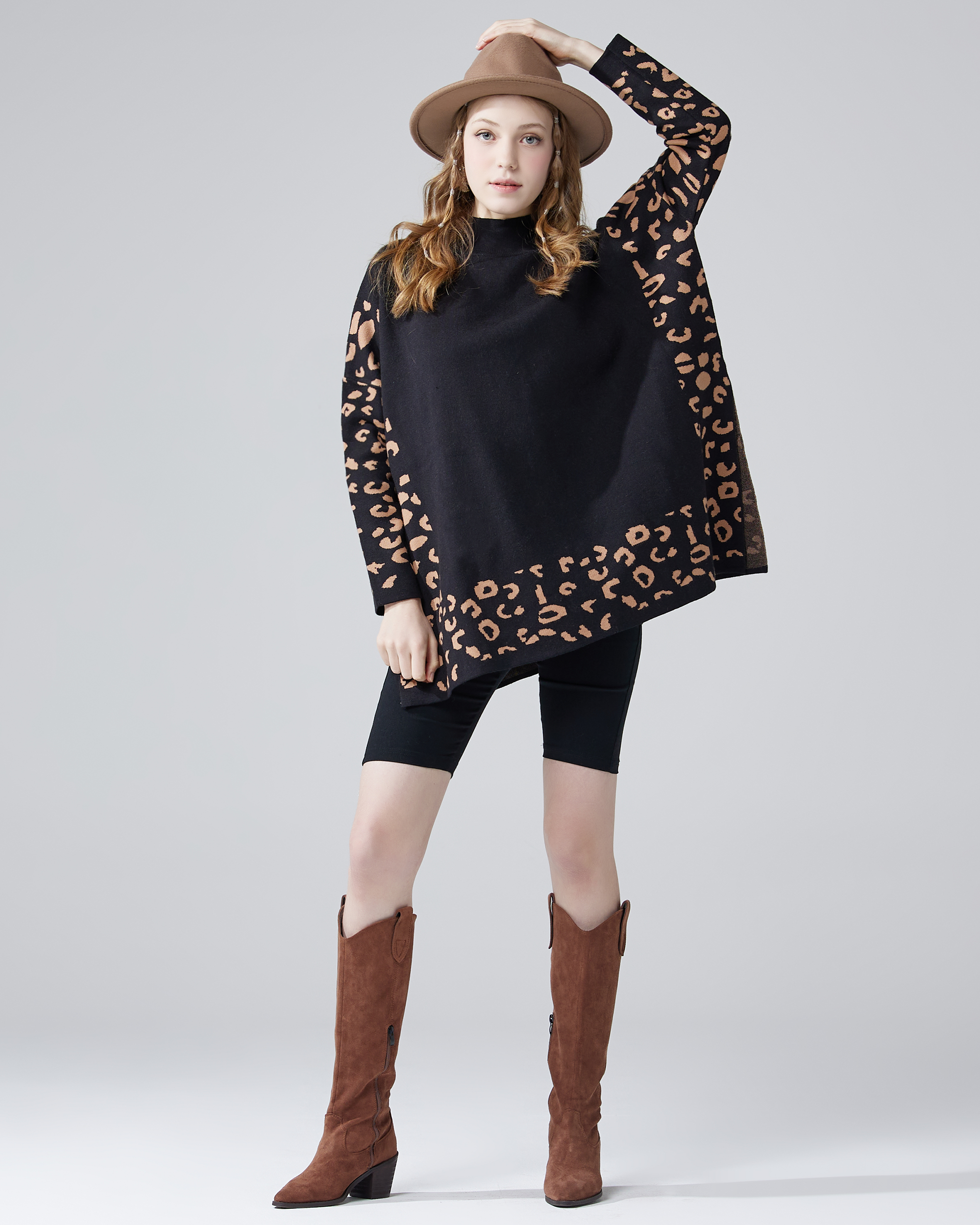 Mock Neck Leopard Print Sweater - Black/Camel