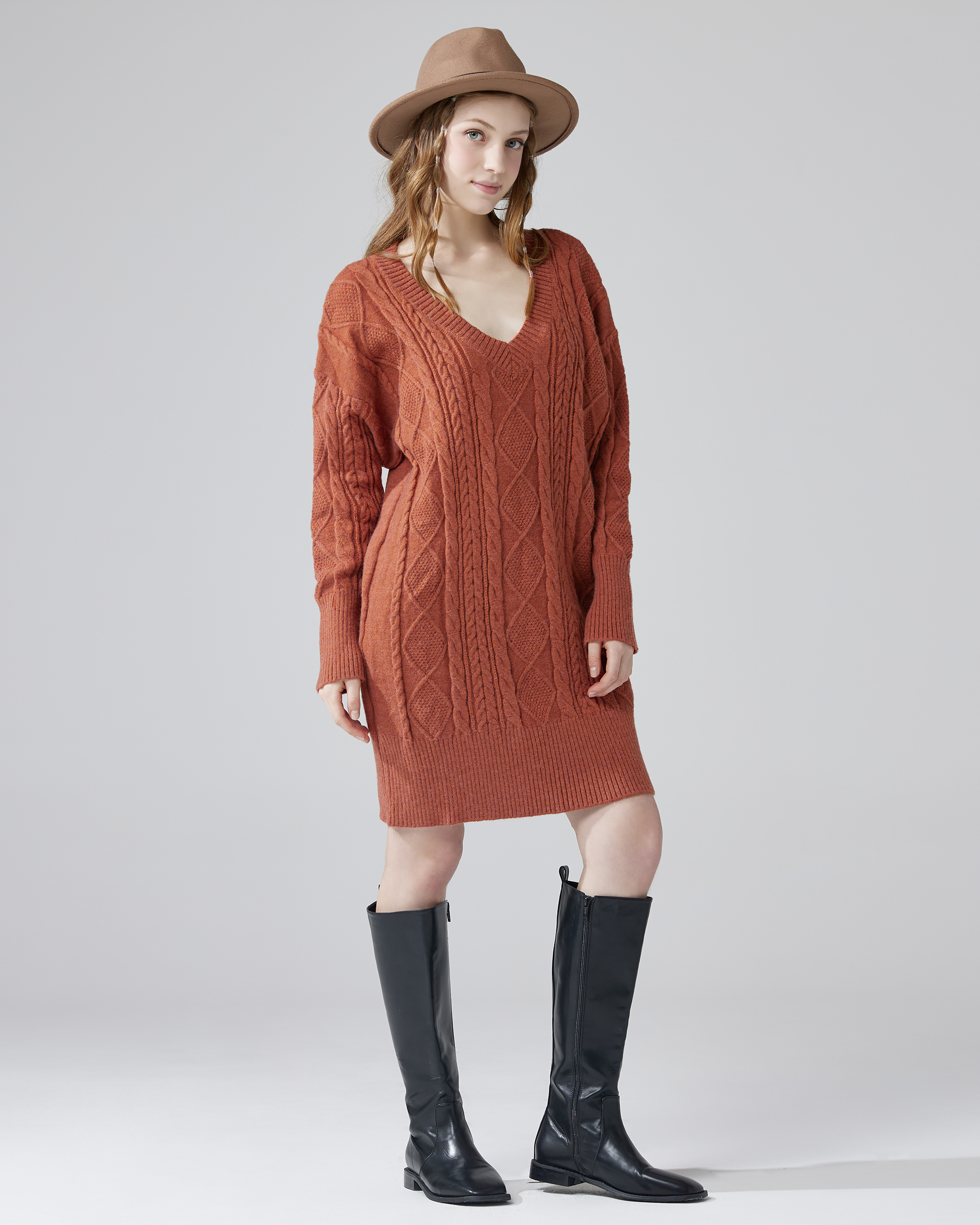 V-Neck Cable Knit Sweater Dress - Brick