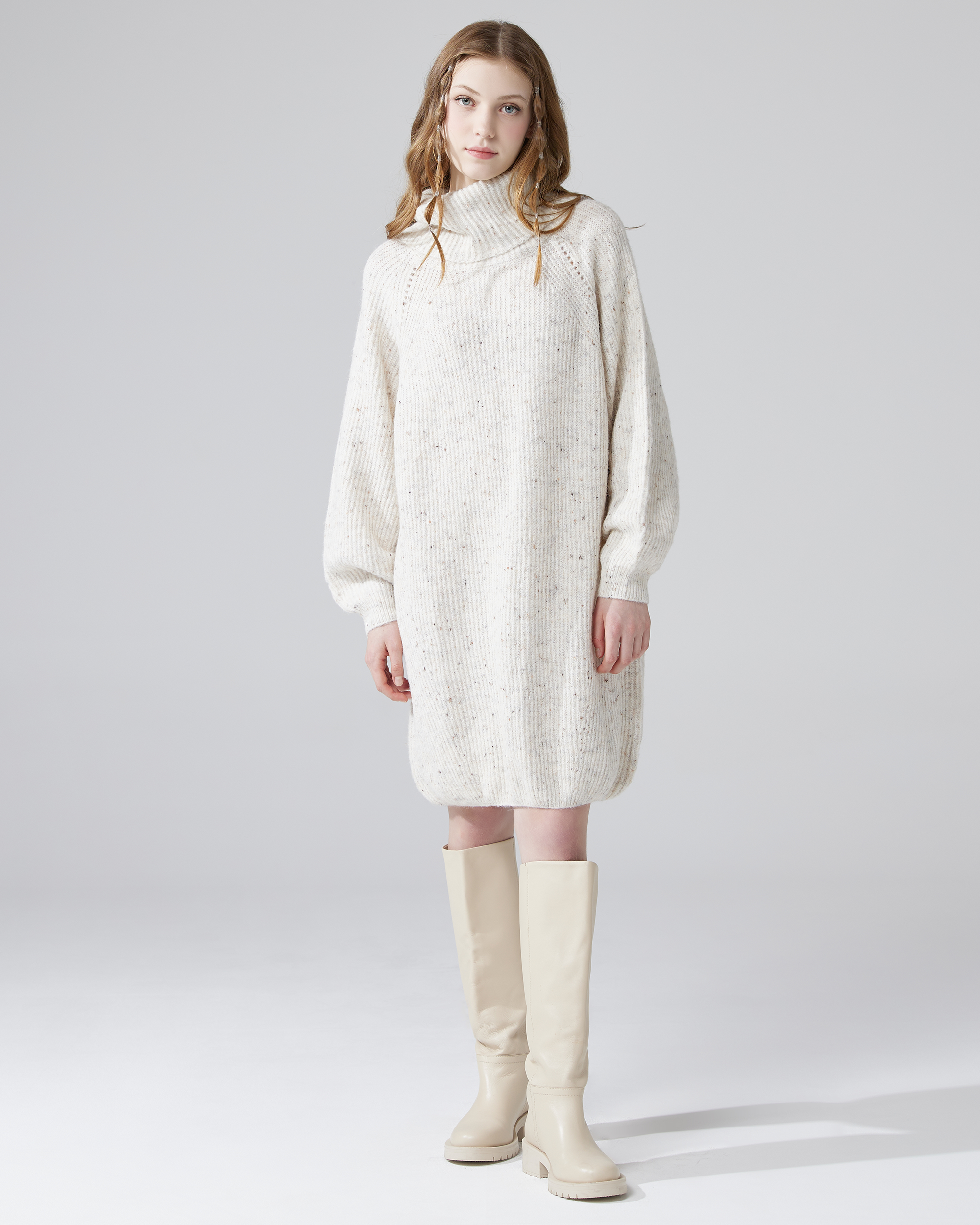 Turtleneck Balloon Sleeve Sweater Dress - Ivory/Cream
