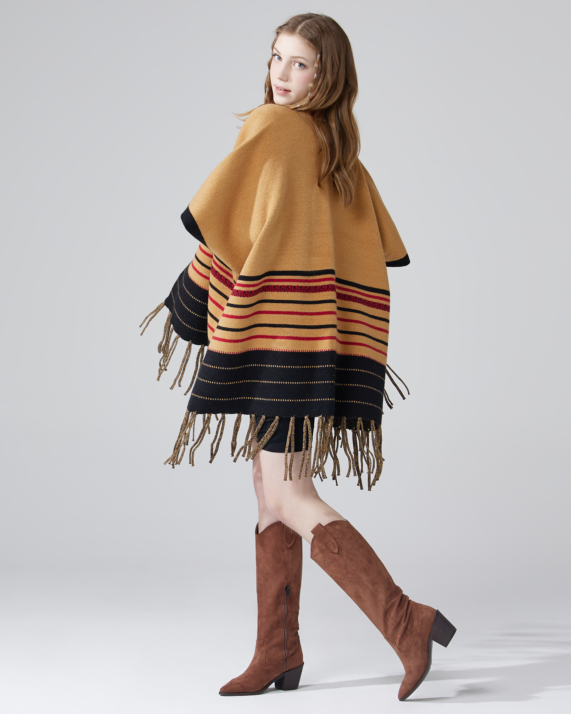 Western Striped Fringed Ruana Poncho Sweater Cardigan - Tan
