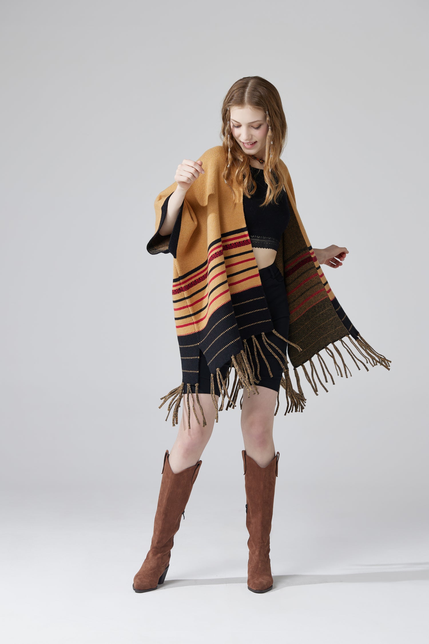 Western Striped Fringed Ruana Poncho Sweater Cardigan