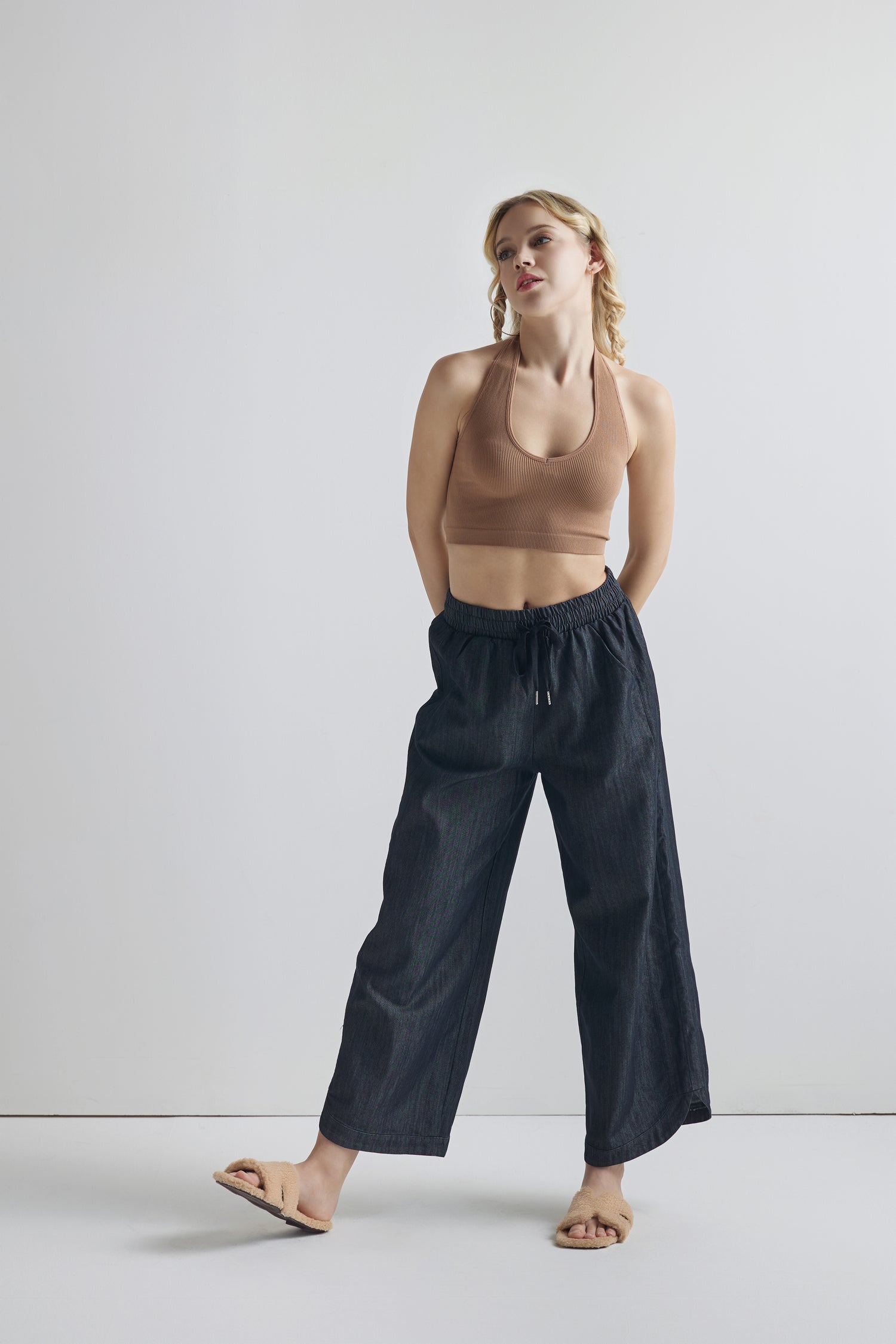 Wide Leg Crop Pants with Dolphine Hem - Black