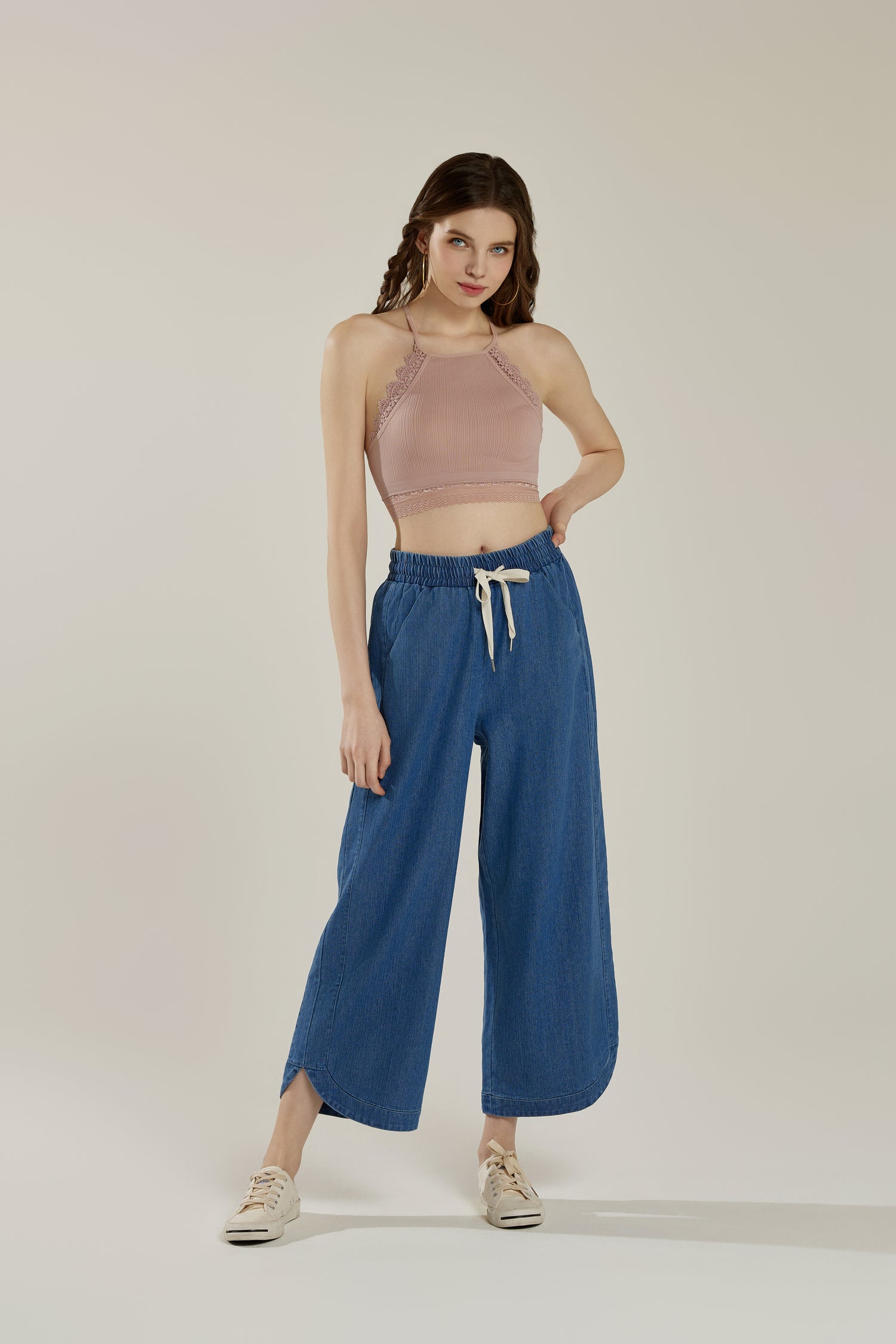 Cotton Blend Denim Elastic Drawstring waistband Dolphin Tail Wide Leg Washed Pants - Denim Blue