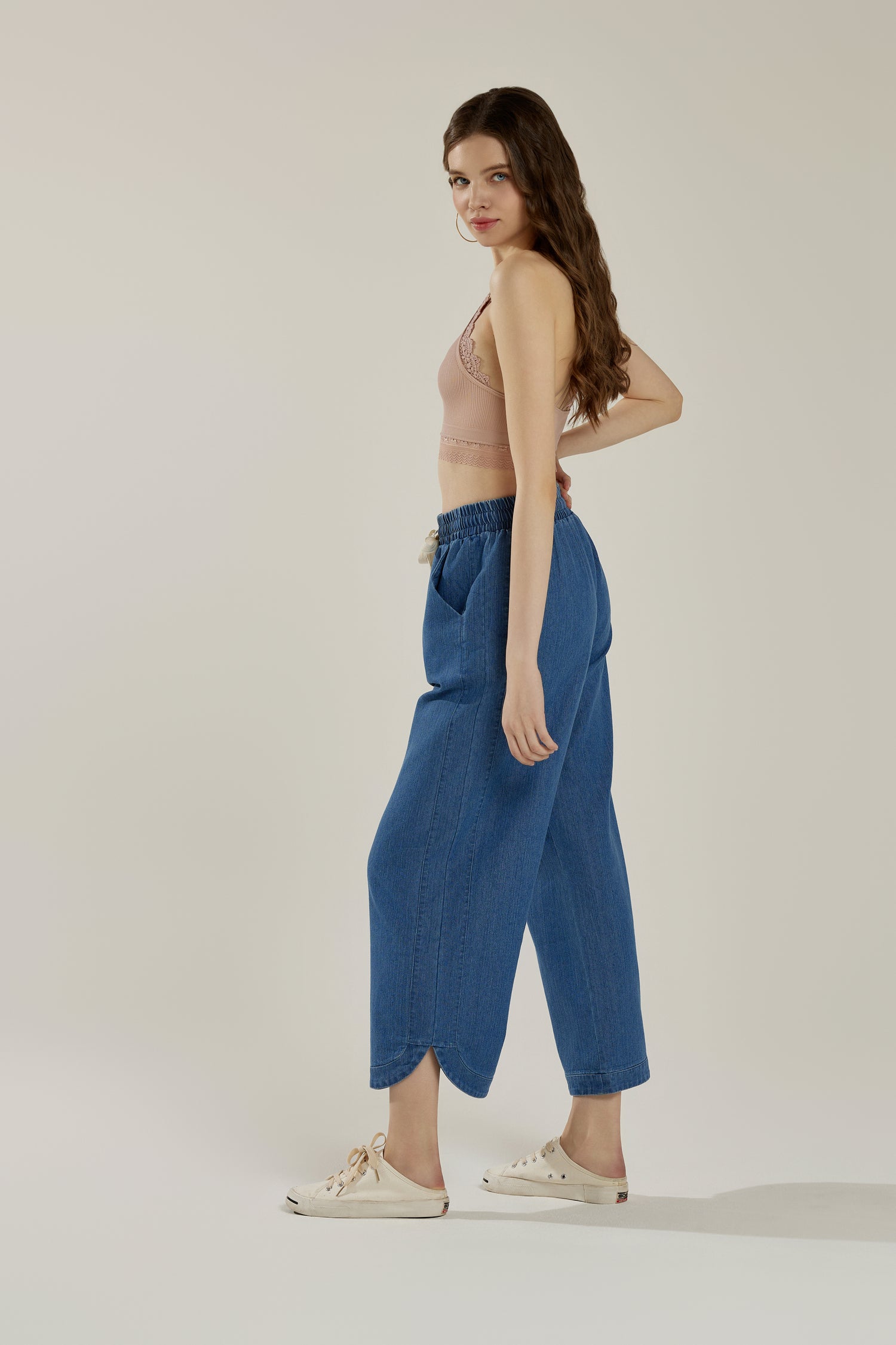 Cotton Blend Denim Elastic Drawstring waistband Dolphin Tail Wide Leg Washed Pants - Denim Blue