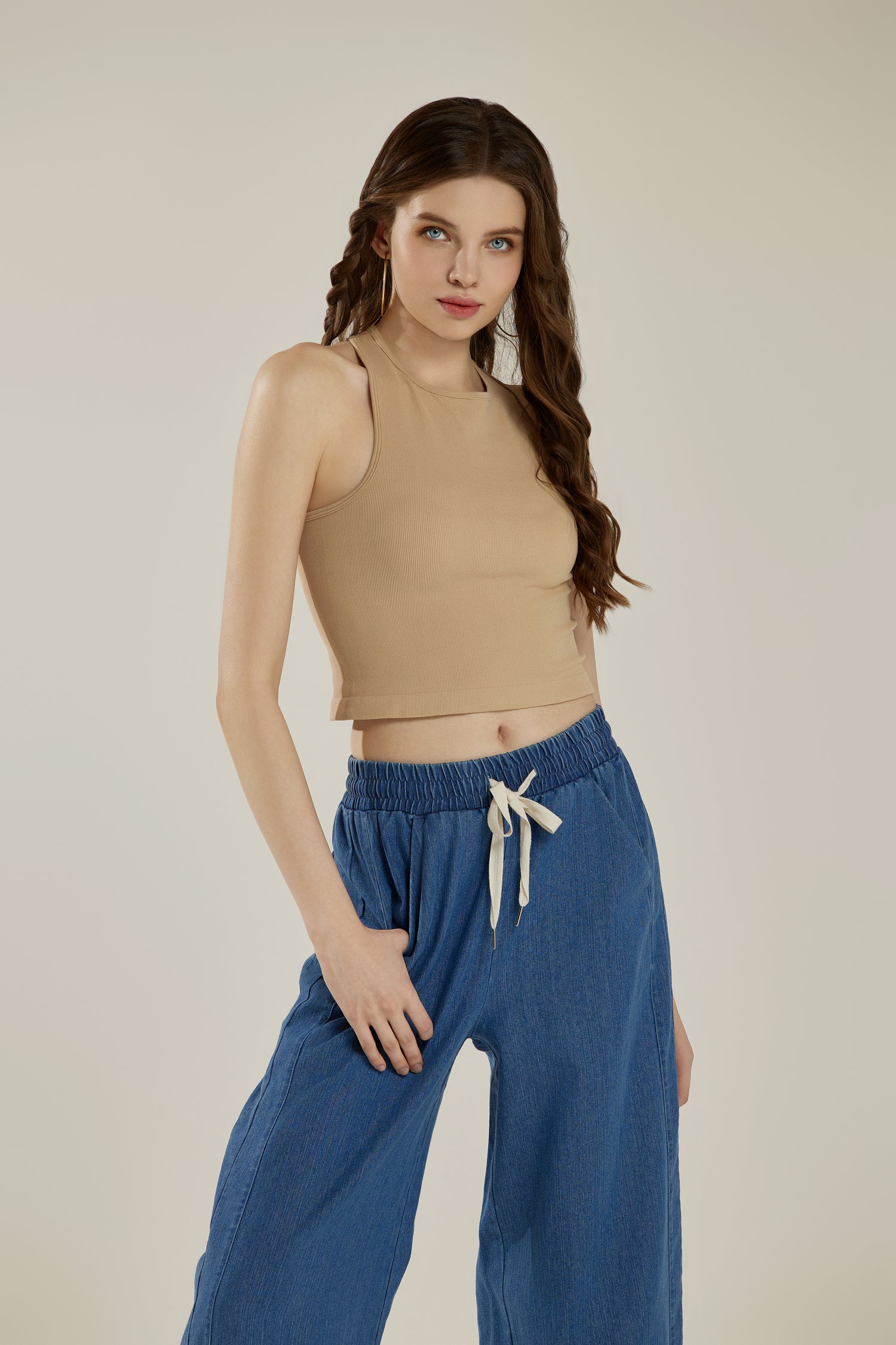 Wide Leg Crop Pants with Dolphine Hem - Denim Blue