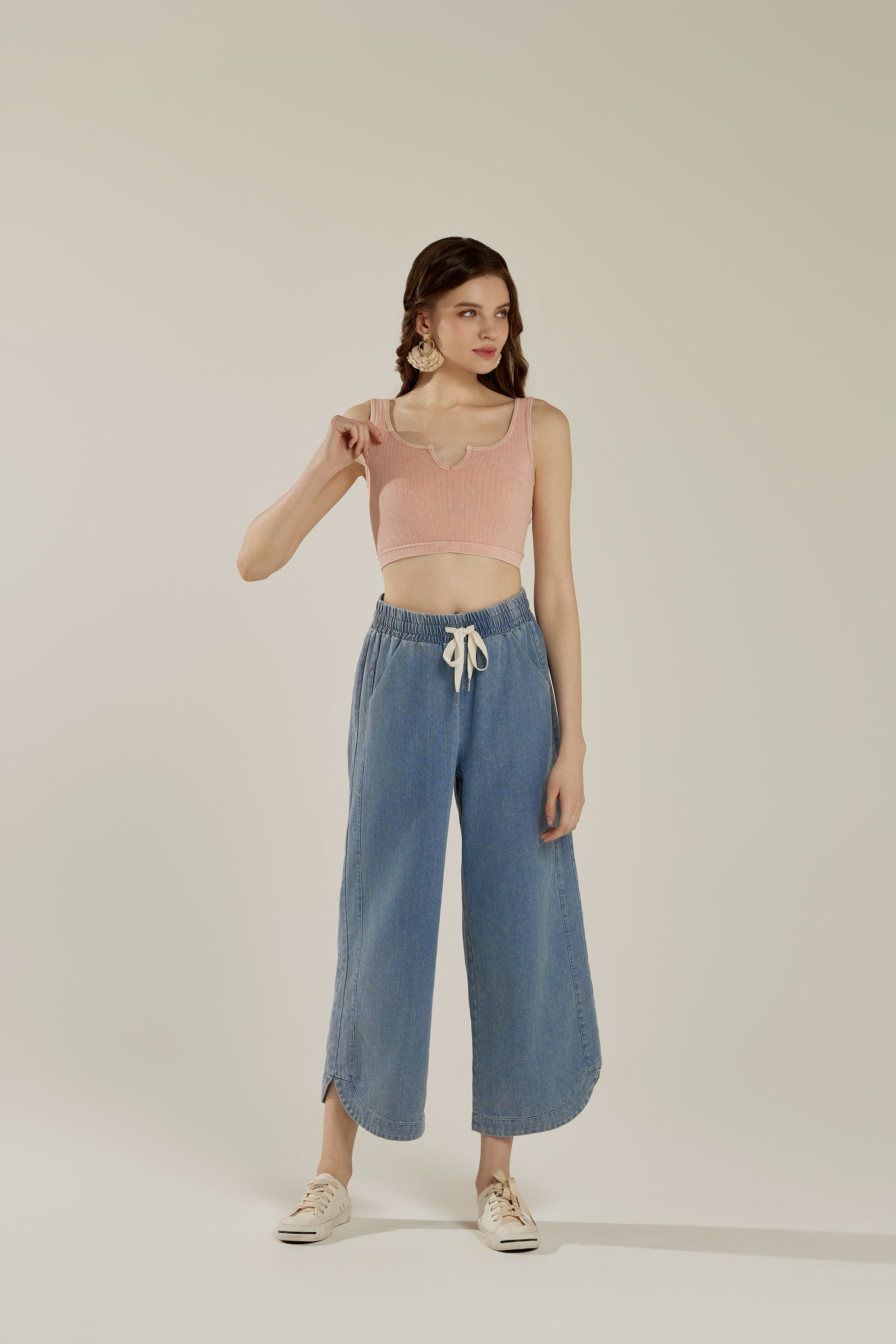 Wide Leg Crop Pants with Dolphine Hem - LT.Blue