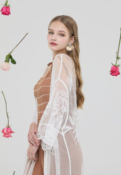 100% Cotton See-Through Embroidered Lace Kimono Cardigan with front tie - Off White - noflik