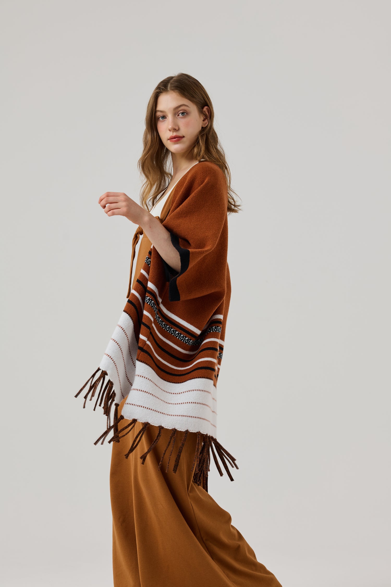 Western Striped Fringed Ruana Poncho Sweater Cardigan