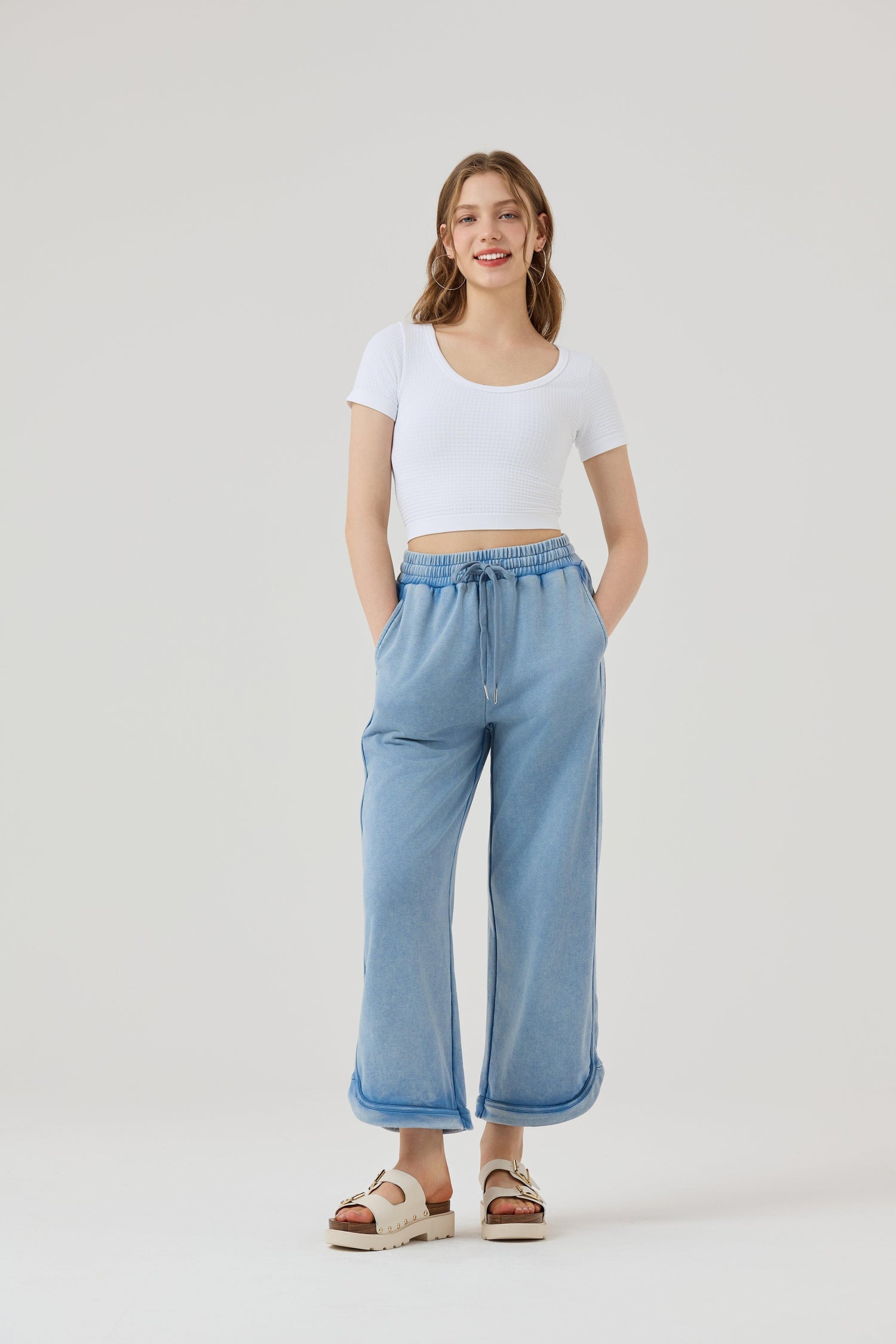 Cotton Terry Dolphin Tail Wide Leg Mineral Washed Pants - Fade Blue