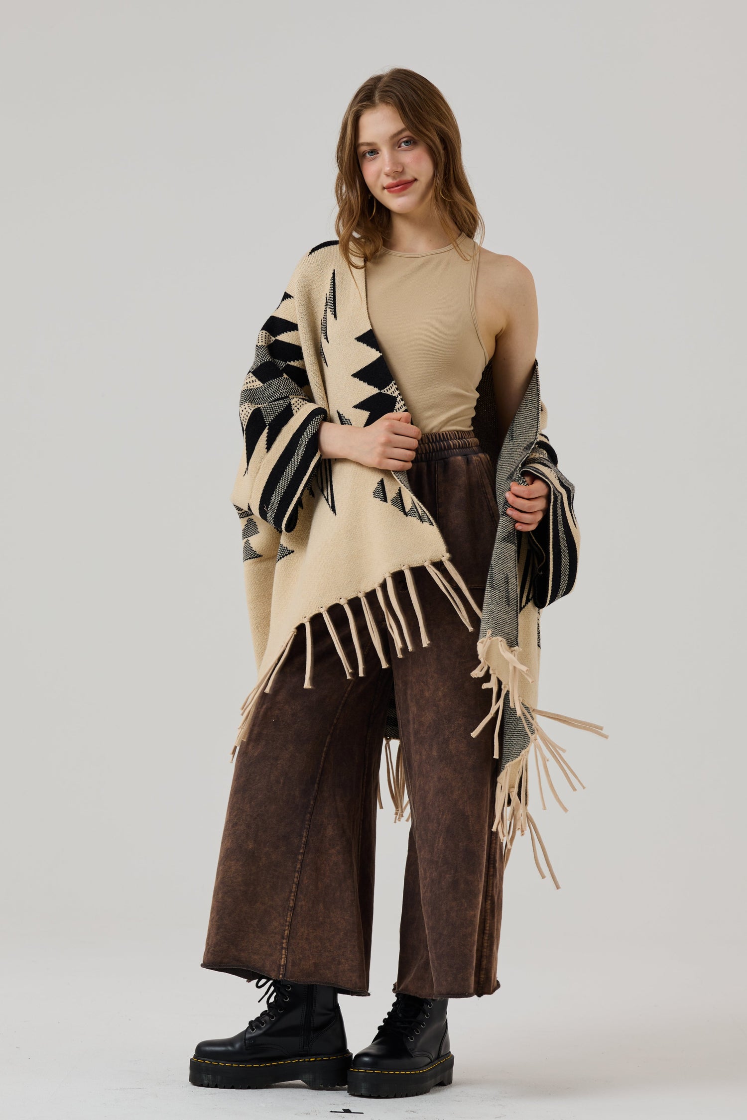 Aztec Fringed Ruana Poncho Sweater Cardigan