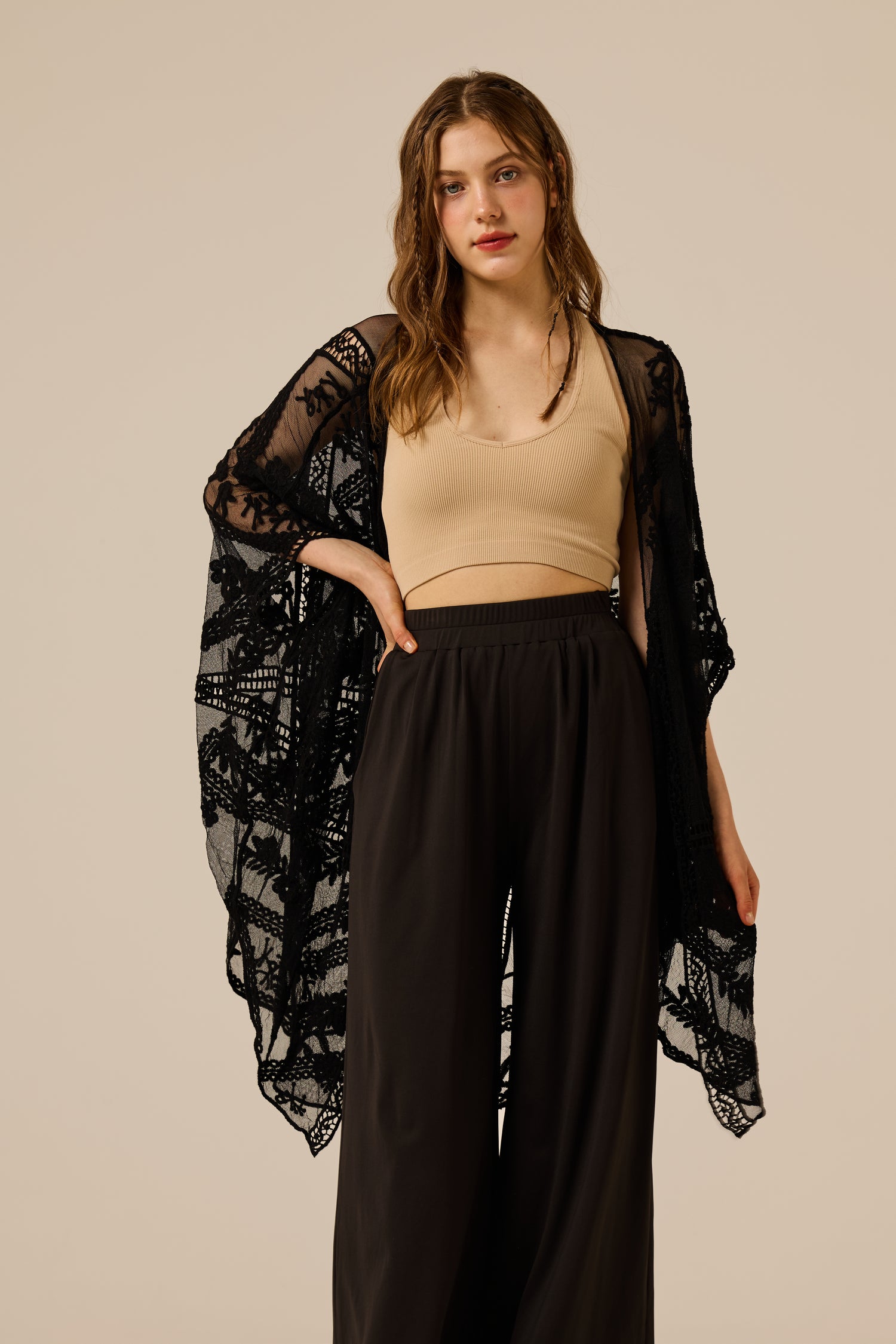 See-Through Embroidered Mesh Leaf Cocoon Cardigan - Black