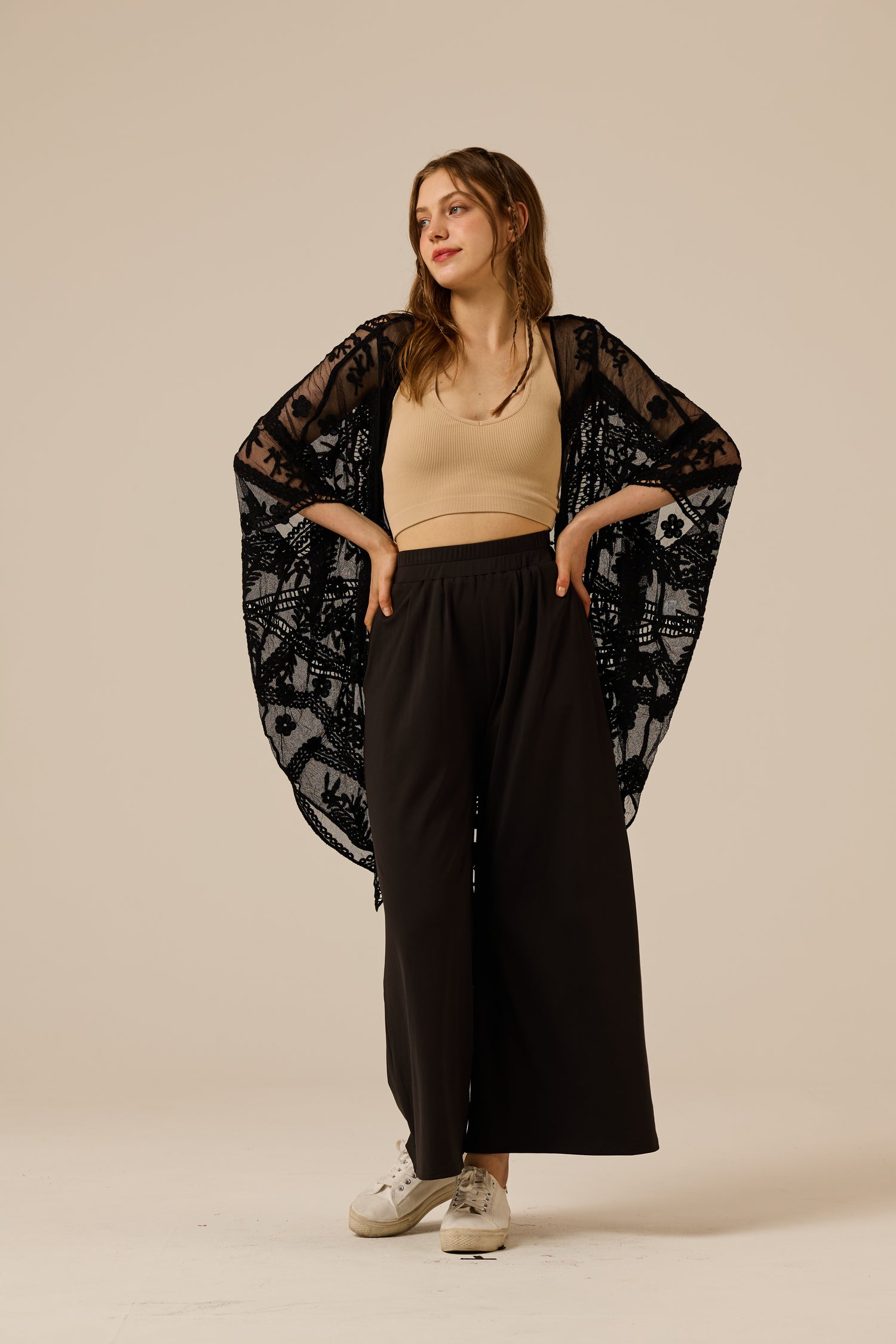 See-Through Embroidered Mesh Leaf Cocoon Cardigan - Black