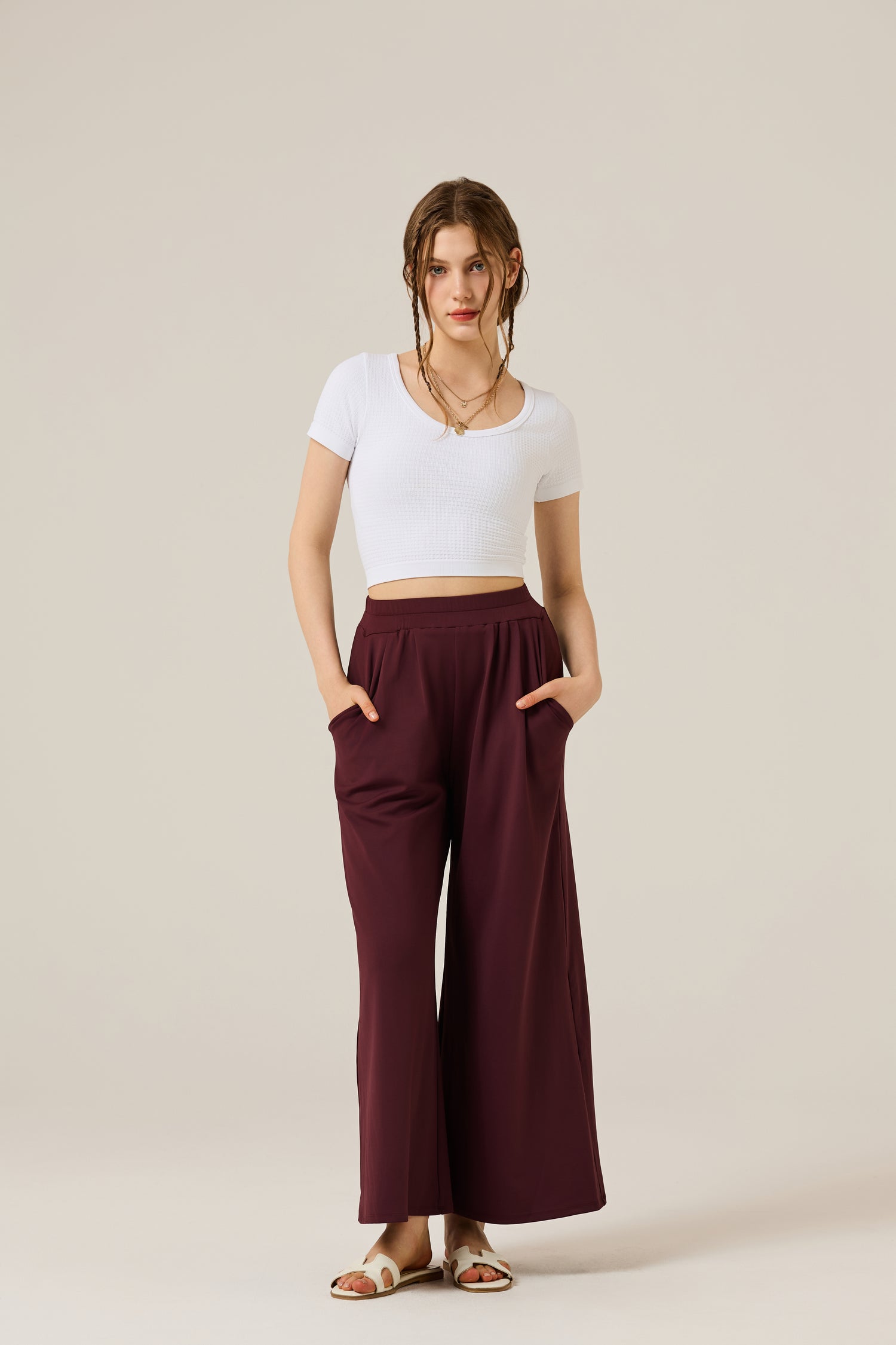 Women's Elastic Waisted Stretch Knit Wide Leg Palazzo Yoga Pants with Pockets