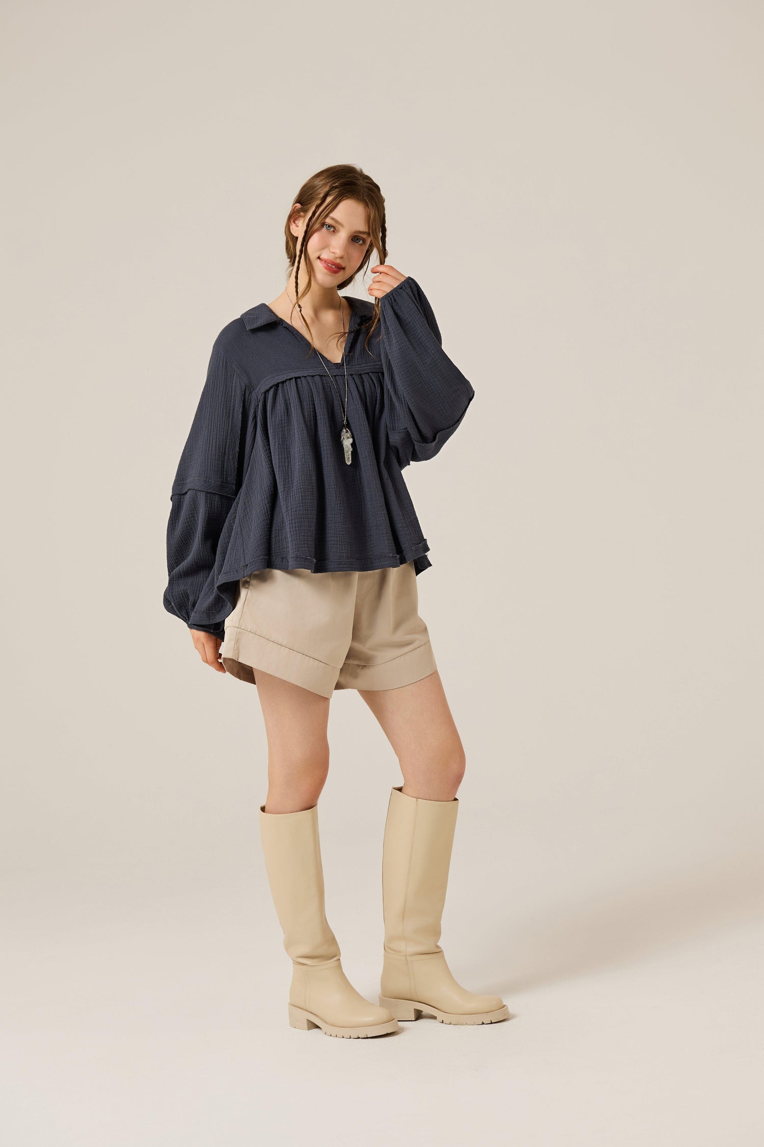 Boho Oversized Flowy Gauze Babydoll Collared Blouse