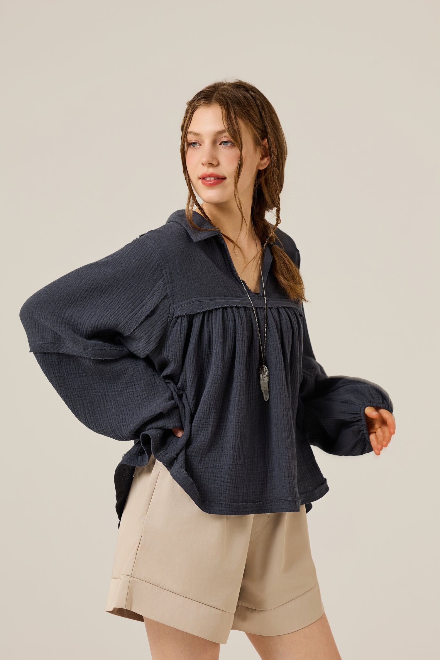 Boho Oversized Flowy Gauze Babydoll Collared Blouse