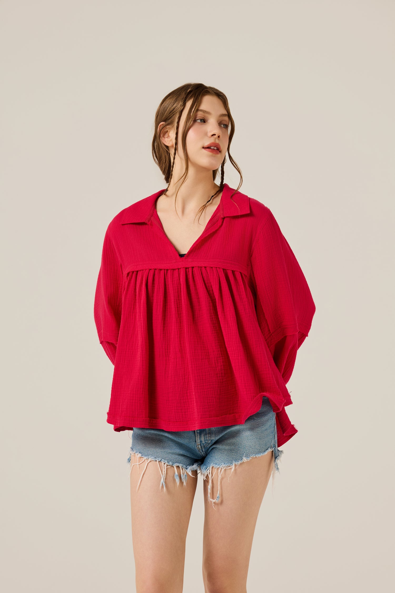 Boho Oversized Flowy Gauze Babydoll Collared Blouse