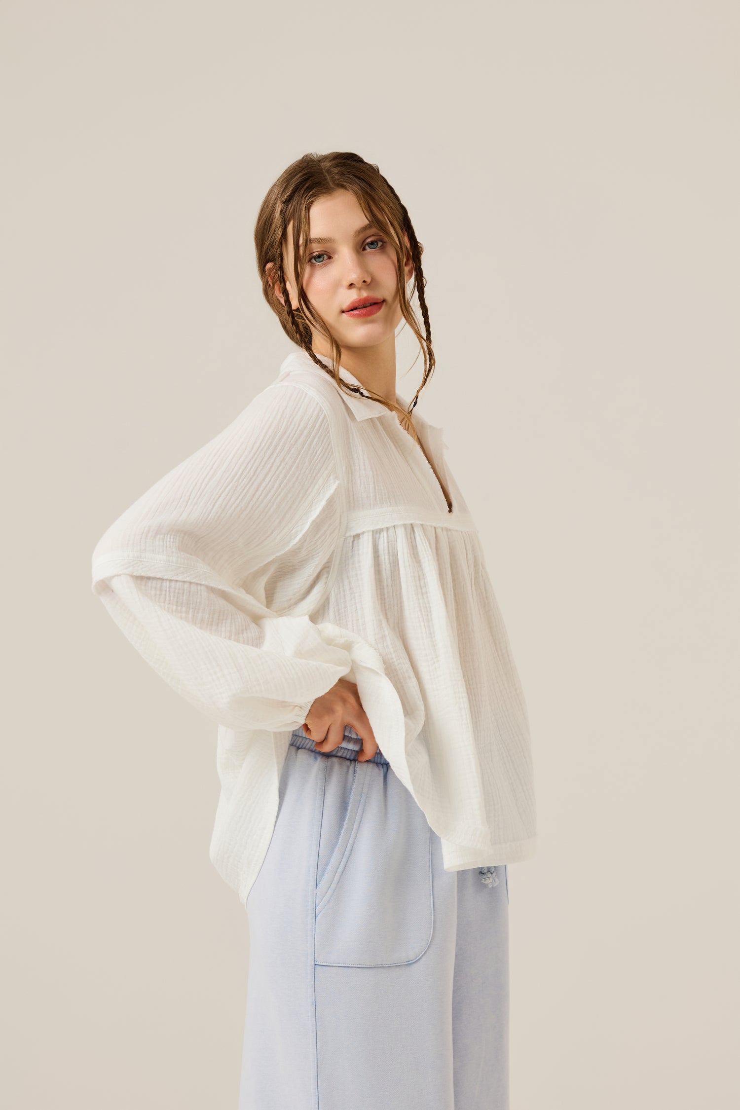 Boho Oversized Flowy Gauze Babydoll Collared Blouse