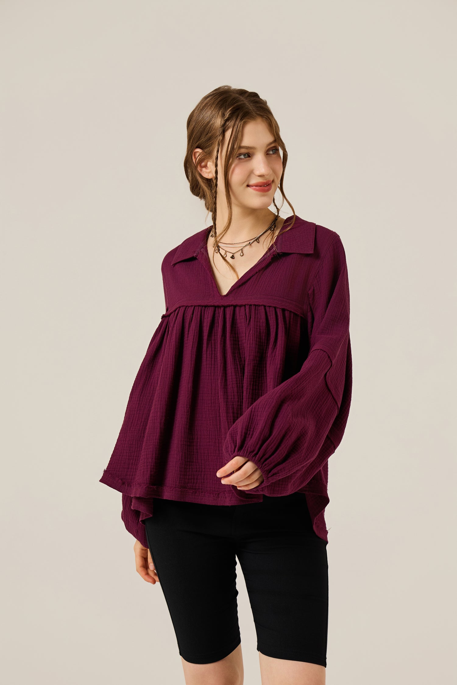 Boho Oversized Flowy Gauze Babydoll Collared Blouse