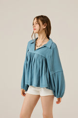 Boho Oversized Flowy Gauze Babydoll Collared Blouse