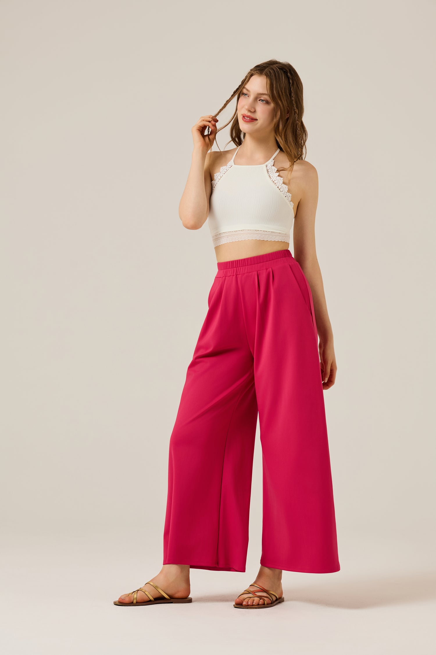 Women's Elastic Waisted Stretch Knit Wide Leg Palazzo Yoga Pants with Pockets