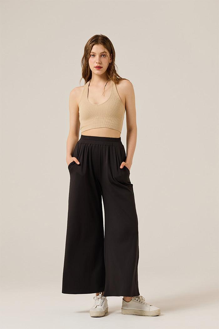 Women's Elastic Waisted Stretch Knit Wide Leg Palazzo Yoga Pants with Pockets