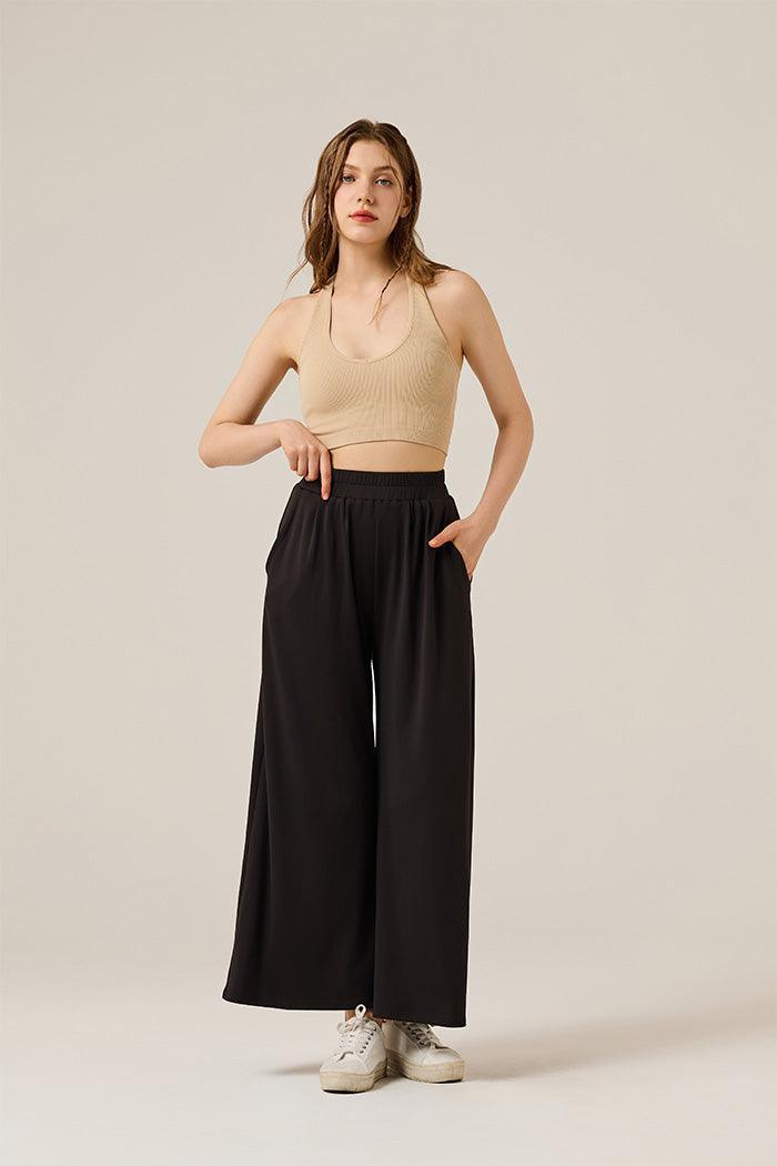 Women's Elastic Waisted Stretch Knit Wide Leg Palazzo Yoga Pants with Pockets