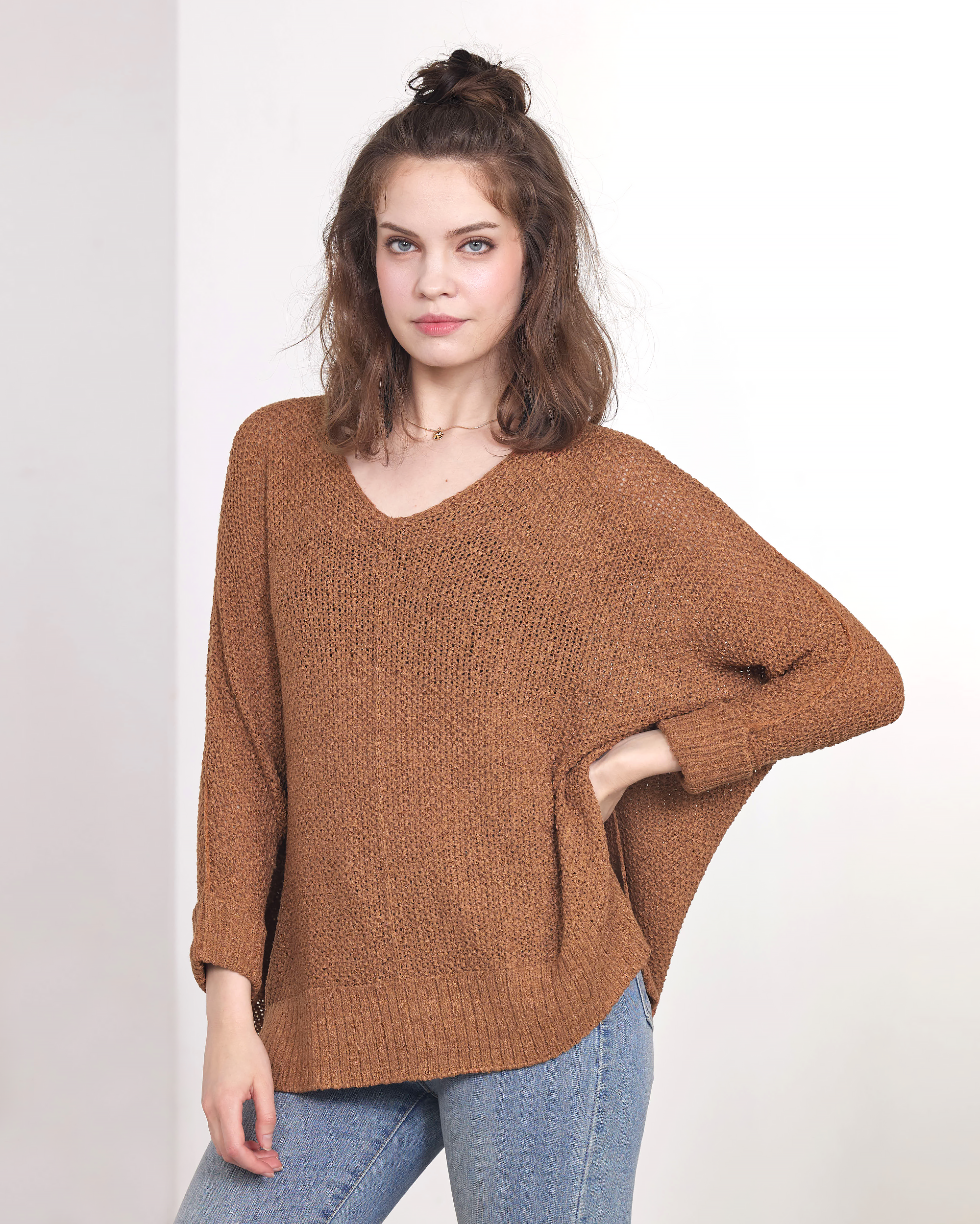 Oversized V-Neck Knit Sweater - Cinnamon
