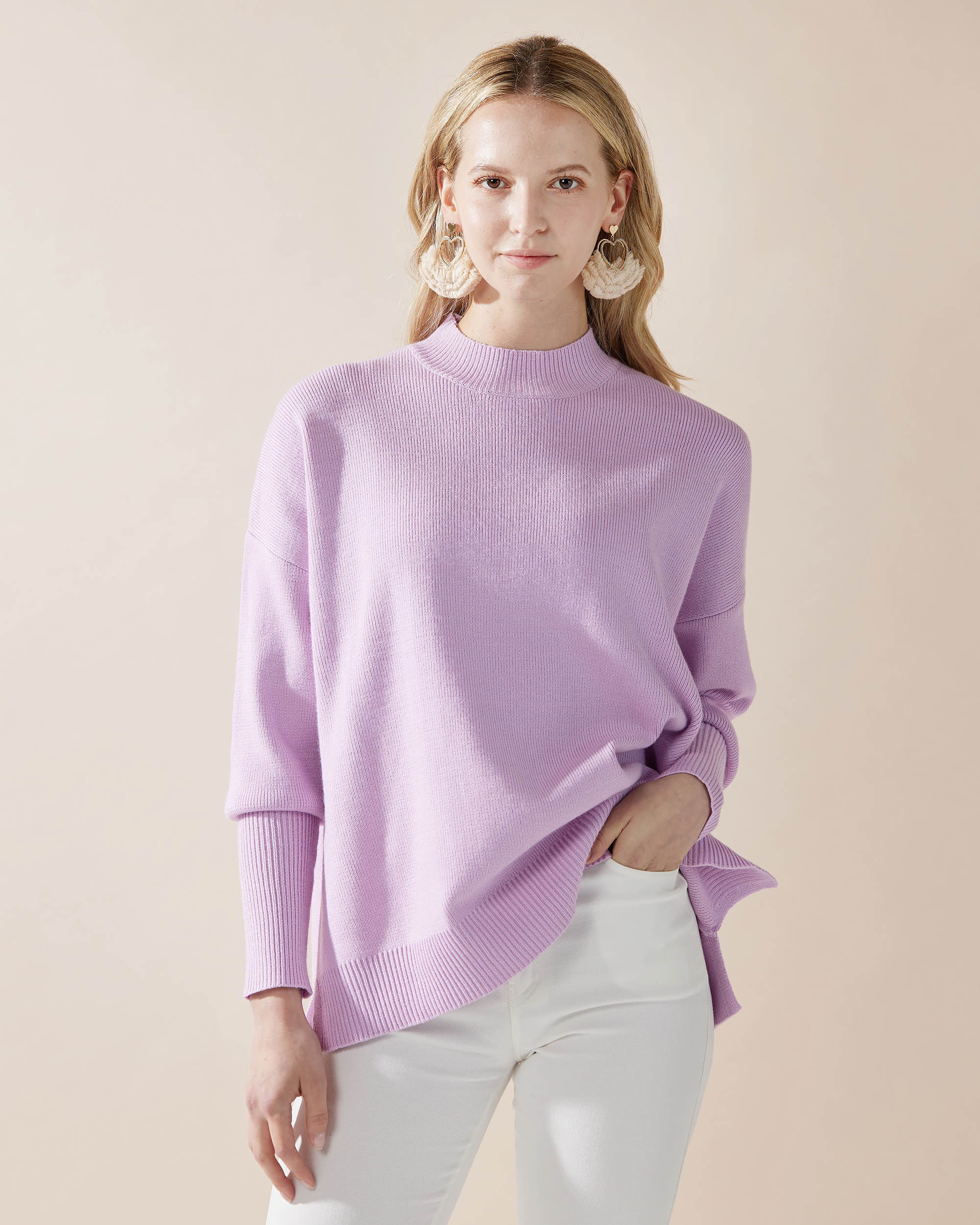 Lavender Mock Neck Balloon Sleeve Sweater