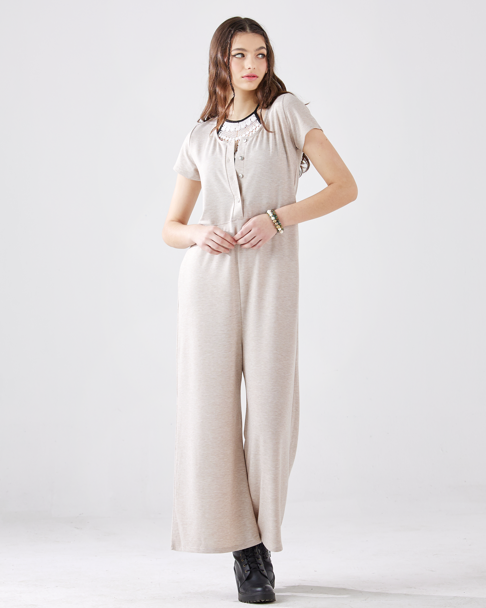 Heather Taupe Jumpsuit: Button-Up Comfort