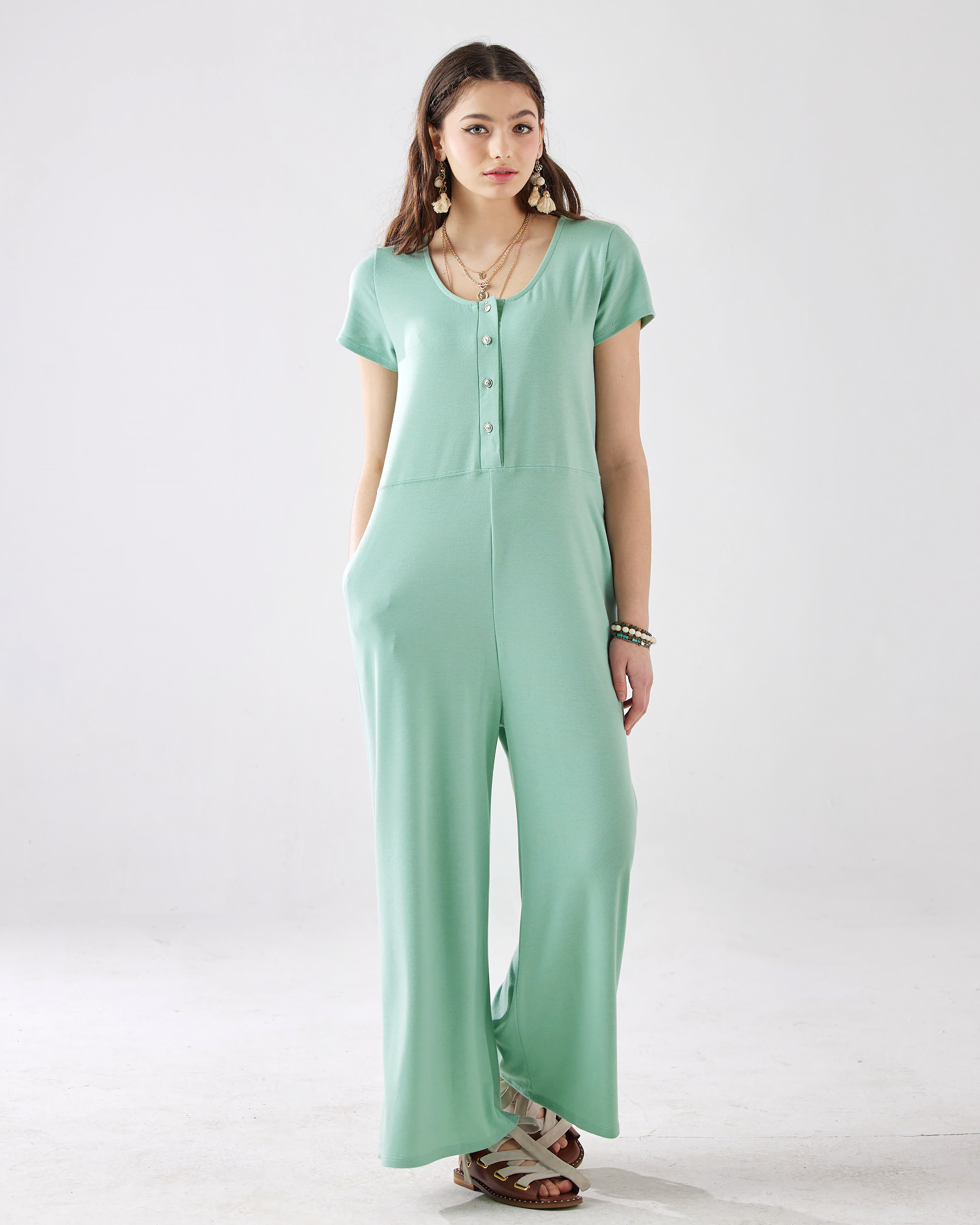 Washed Mint Jumpsuit: Fresh Button-Up Style