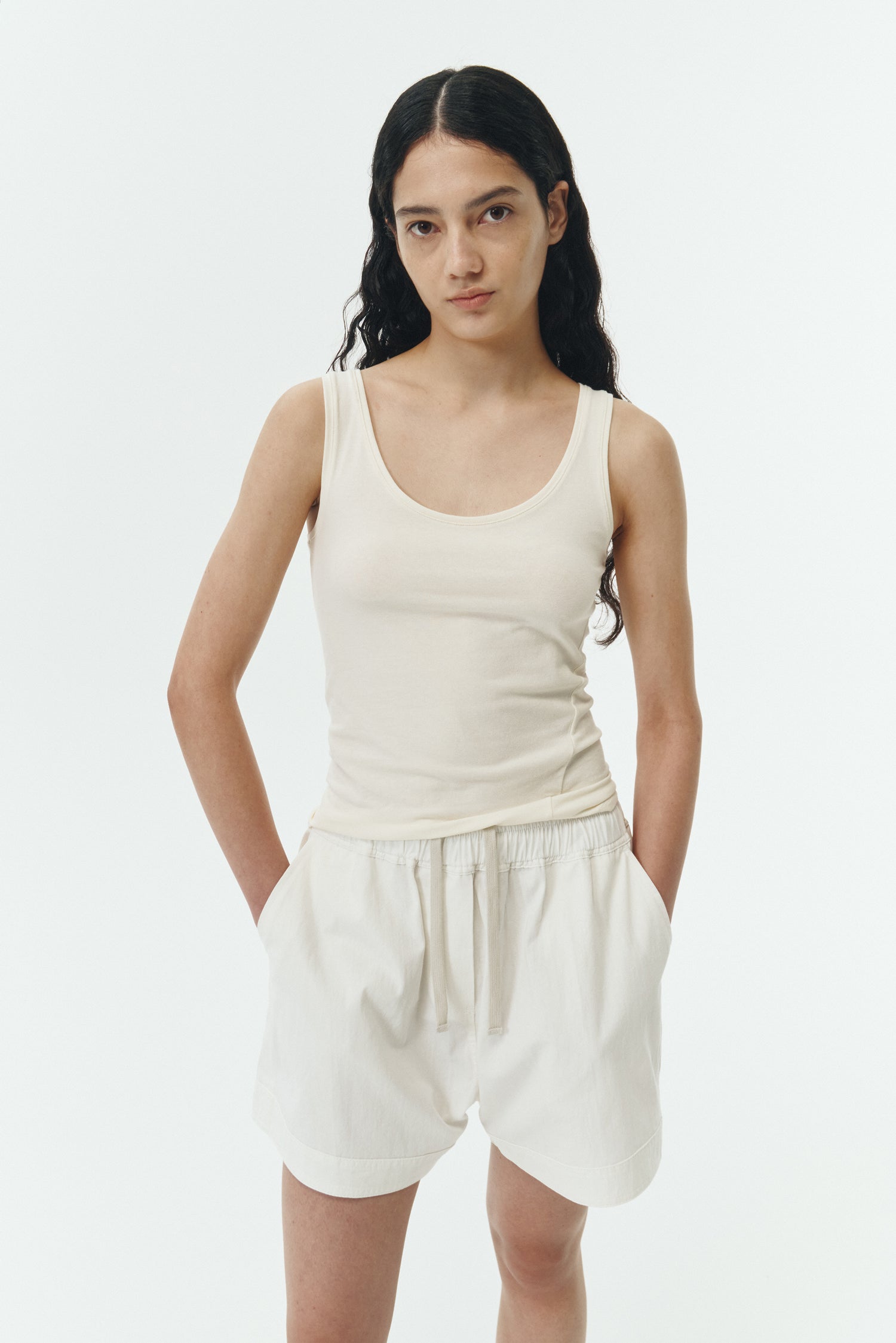 River Shorts in washed white, lightweight cotton pull-on shorts with an elastic waistband, inner drawstring, side and back pockets, regular fit for everyday comfort