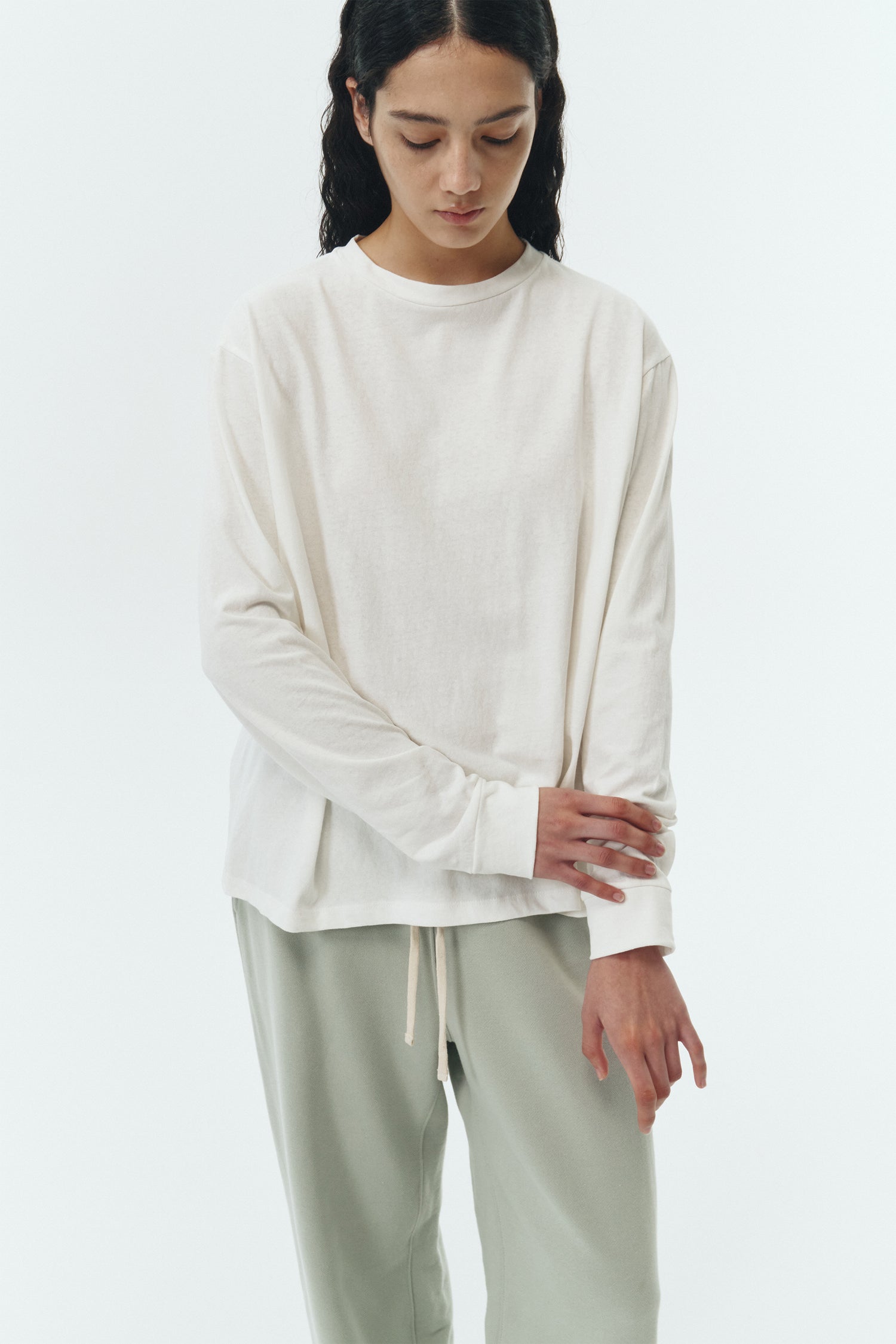 Willow Sweatpants in pistachio, soft French terry cotton with drawstring waistband, side pockets, and elastic cuffs, regular fit, part of a set