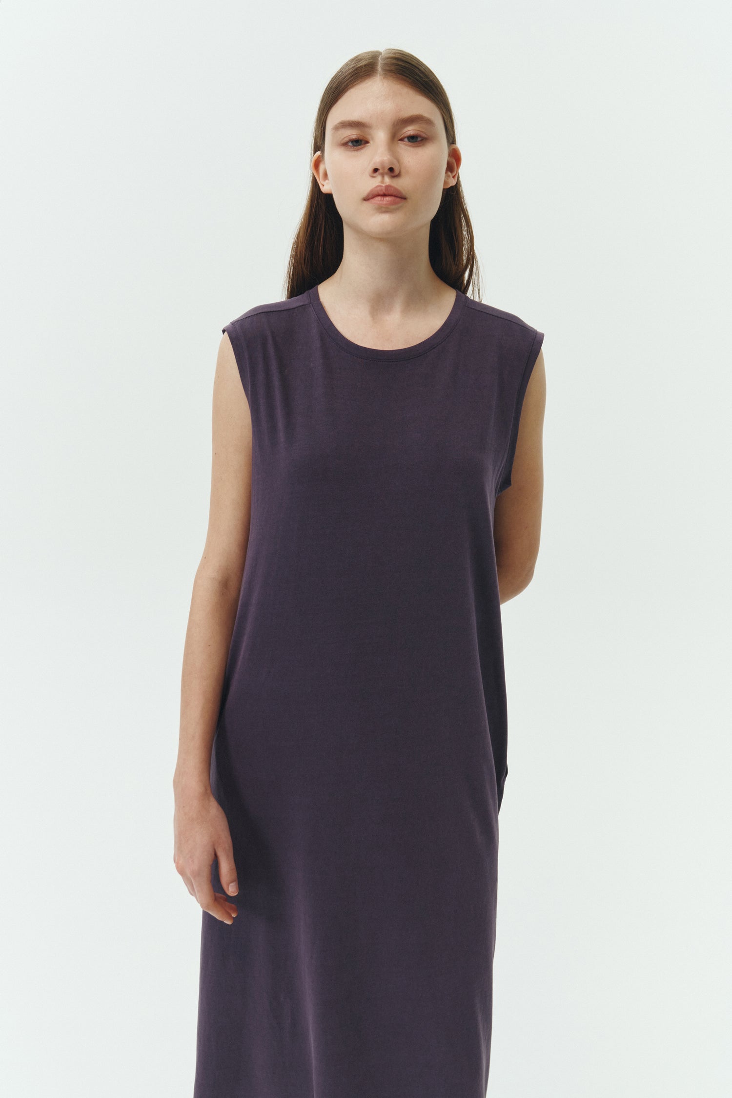 Jade Dress in purple, a sleeveless knit cotton midi dress with side pockets, designed for breathable summer comfort