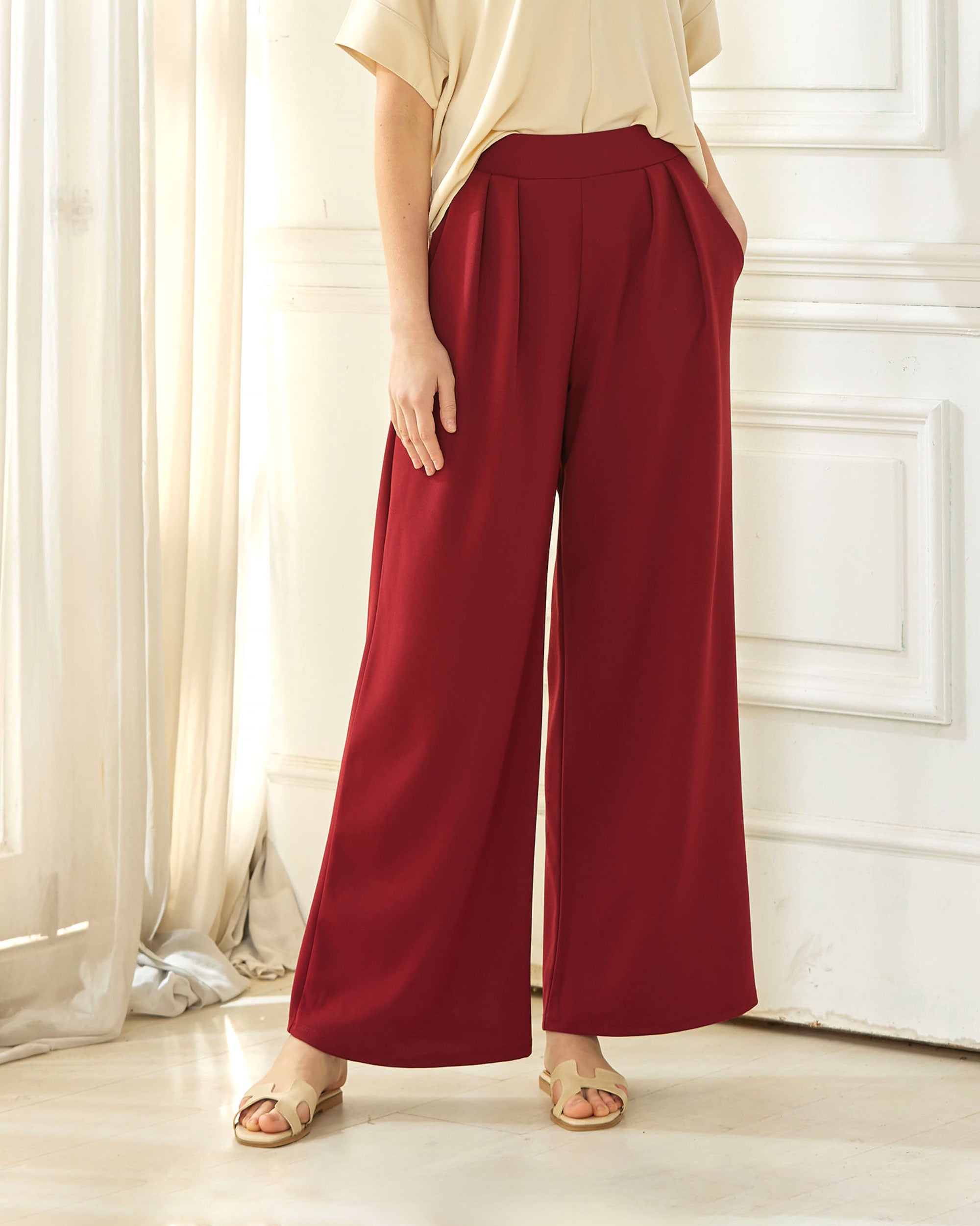 Rust High Waisted Pleated Wide Leg Pants Online