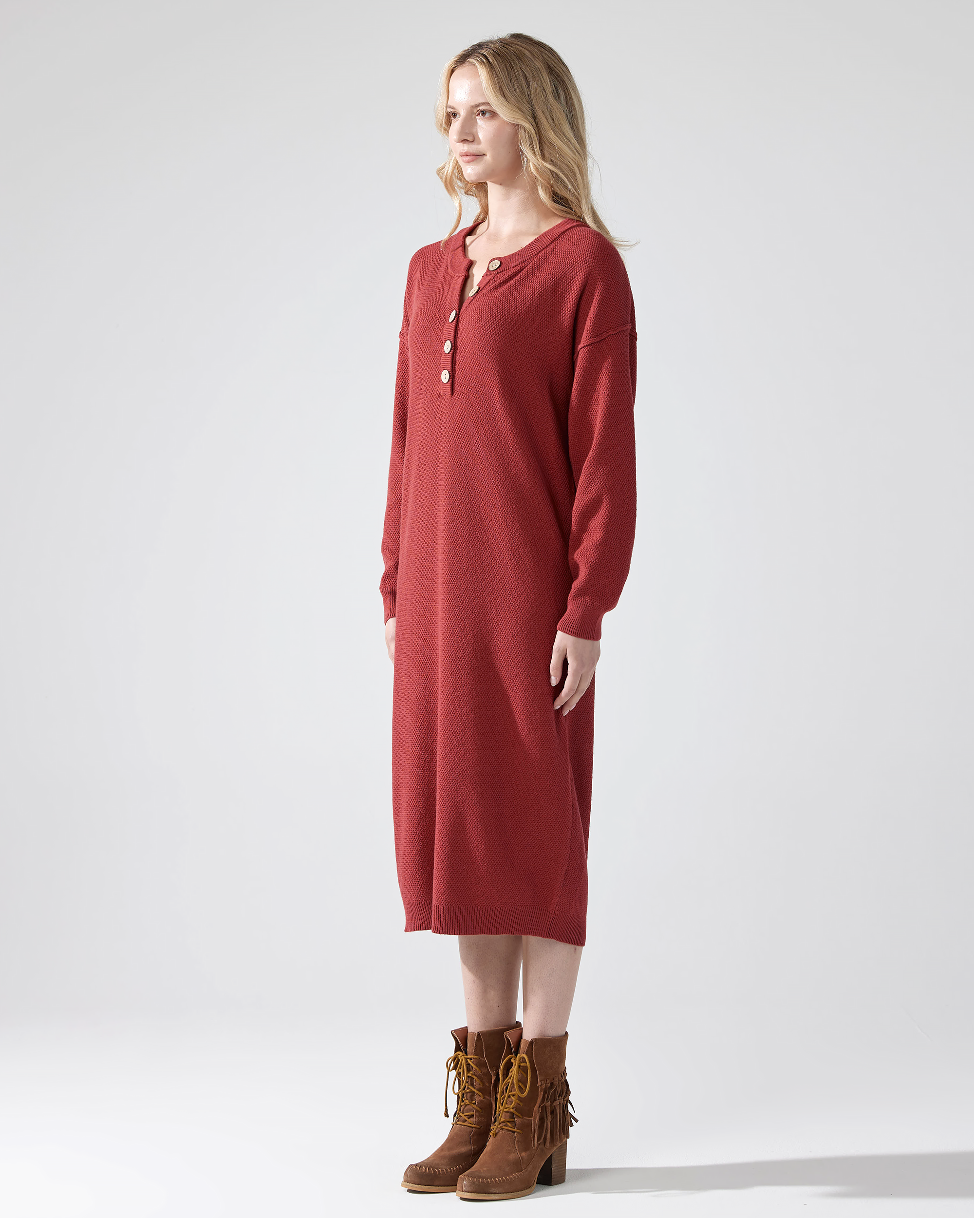 Brick Midi Sweater Dress with Buttons
