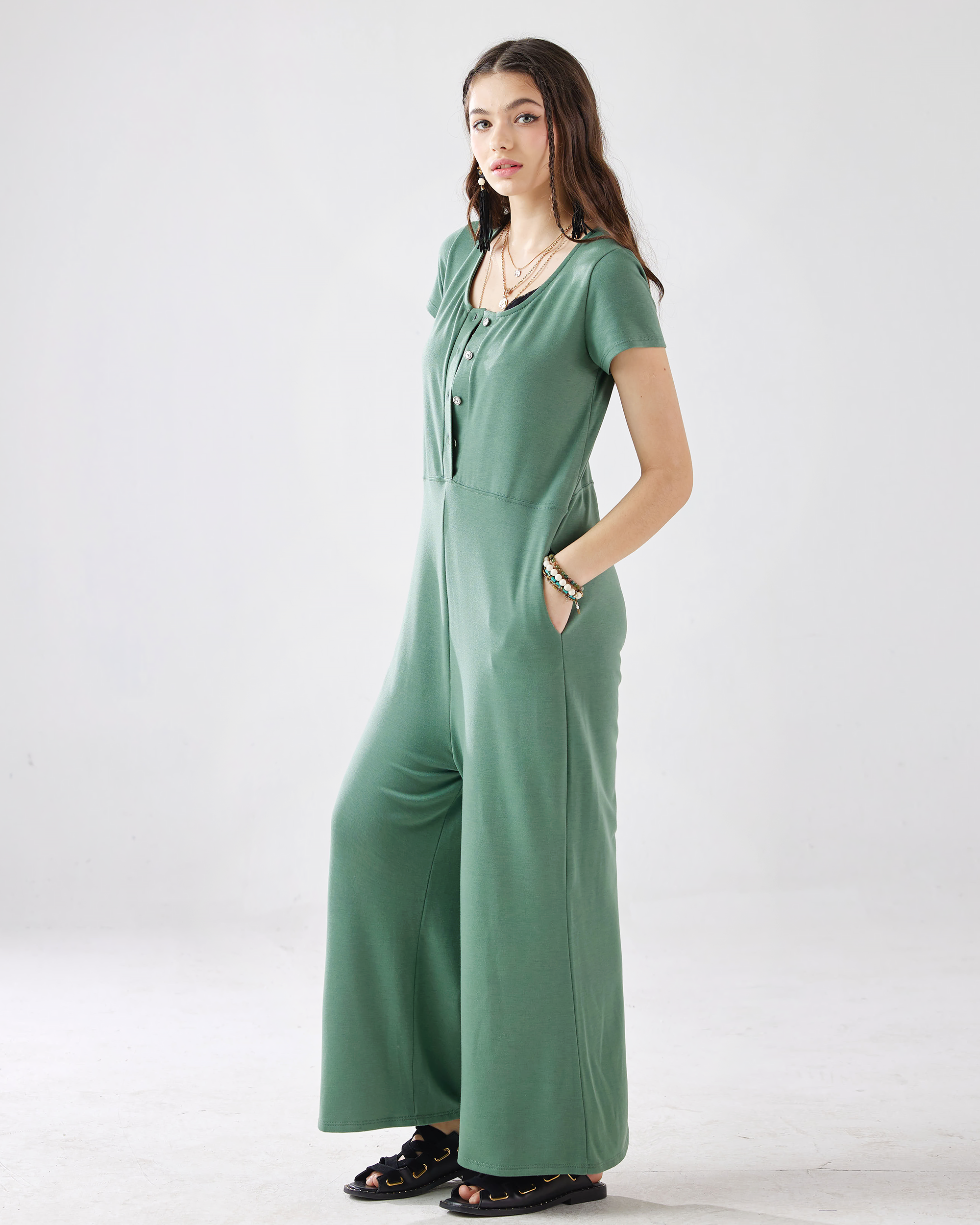 Comfort Button-up Jumpsuit - Washed Army