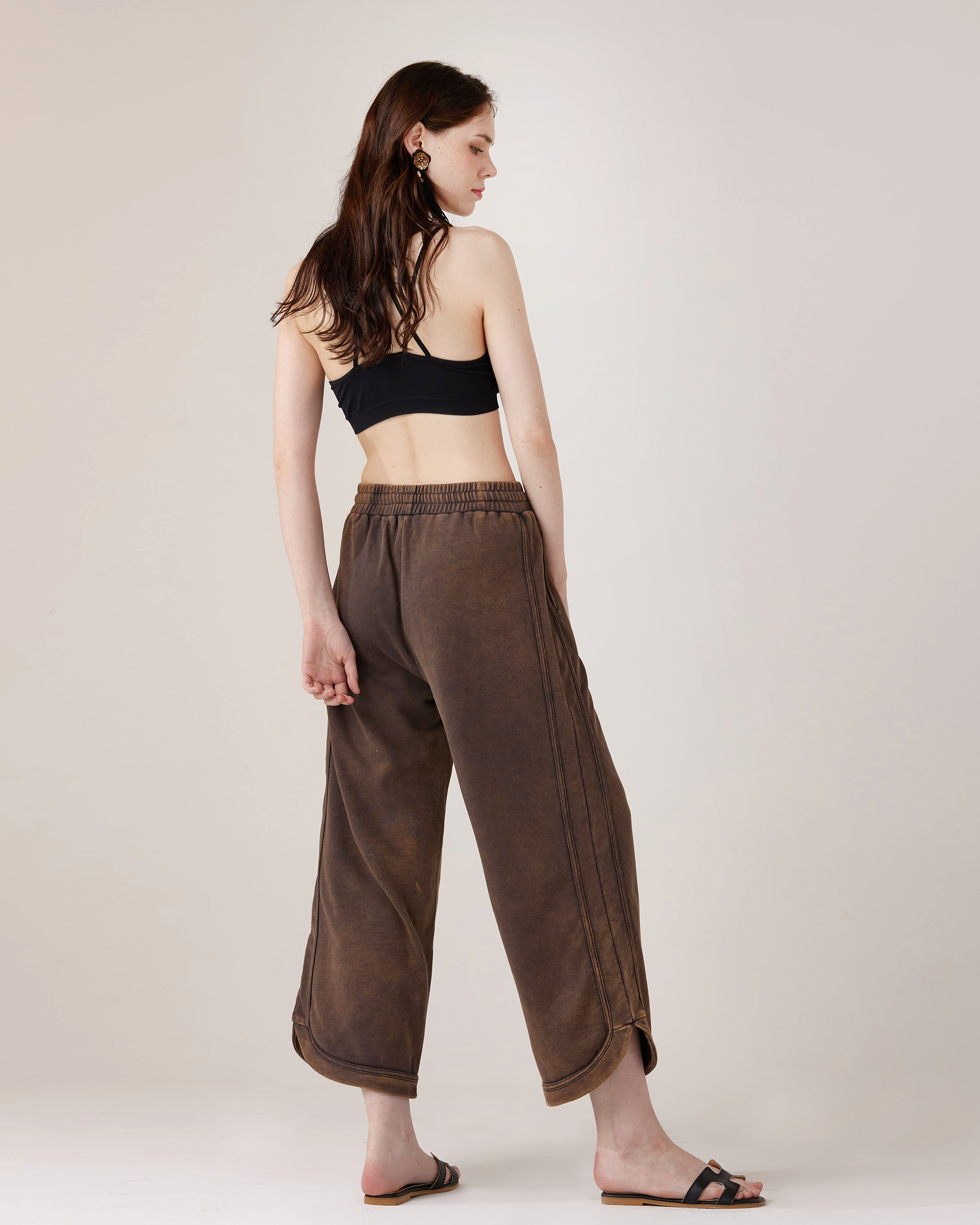 Brown Washed Terry Knit Crop Pants
