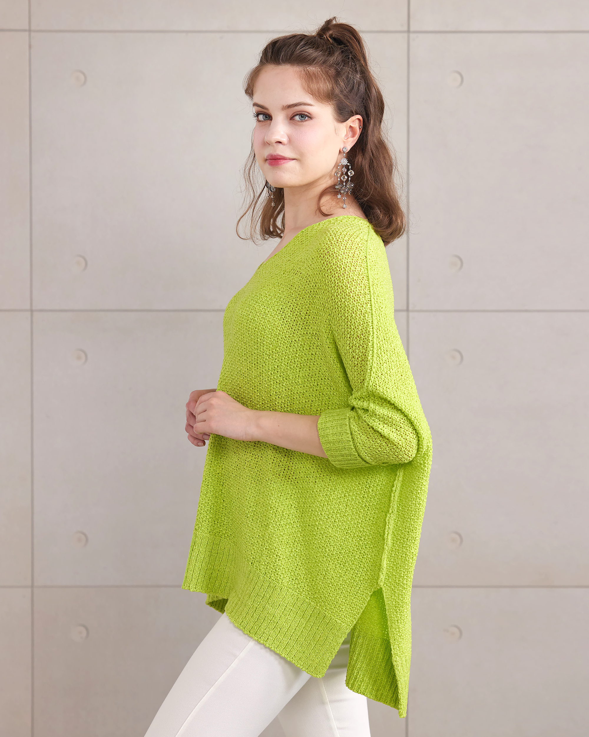 Oversized V-Neck Knit Sweater - Lime