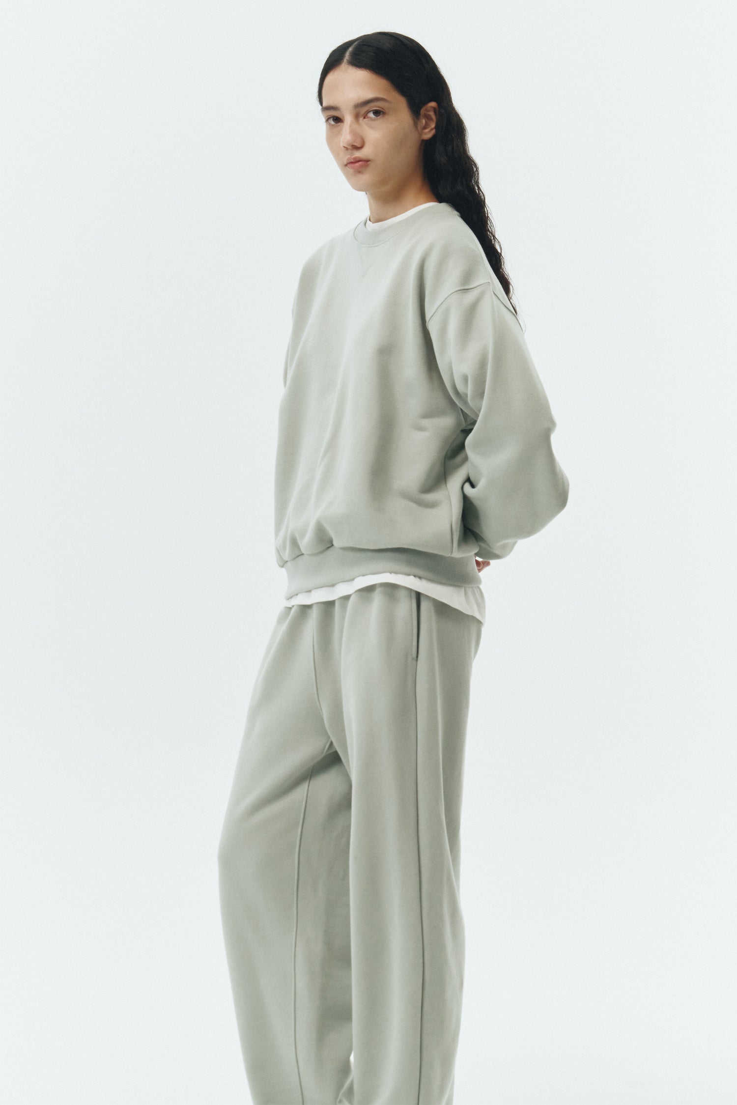 Willow Sweatpants in pistachio, soft French terry cotton with drawstring waistband, side pockets, and elastic cuffs, regular fit, part of a set