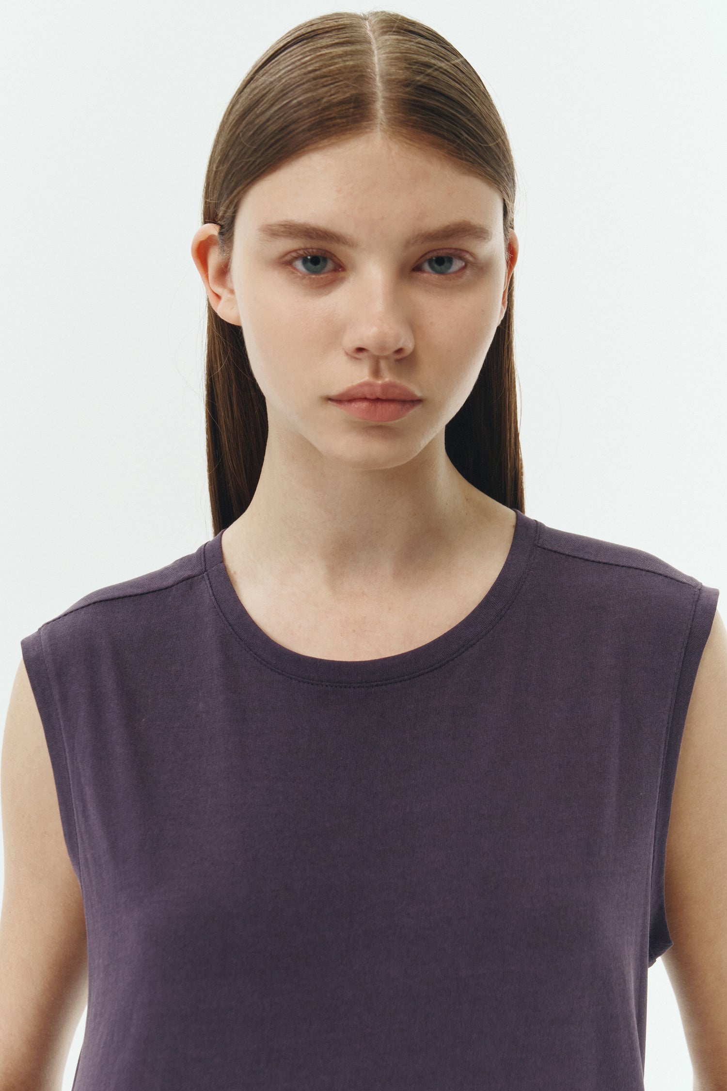 Jade Dress in purple, a sleeveless knit cotton midi dress with side pockets, designed for breathable summer comfort