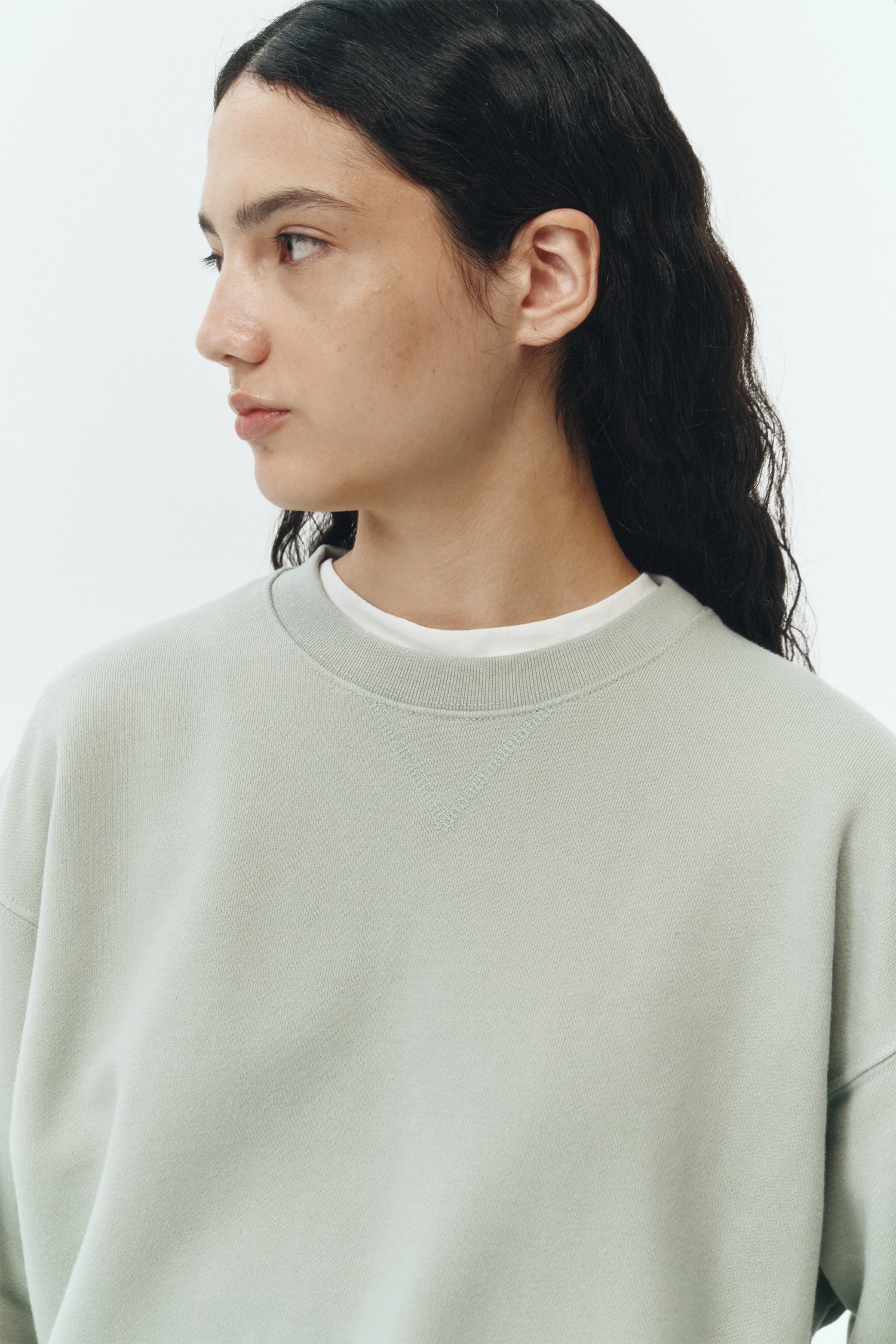 Willow Sweatshirt in pistachio, a soft cotton French terry pullover with a crew neck, V-stitch detail, ribbed trims, and a relaxed fit, designed for everyday comfort