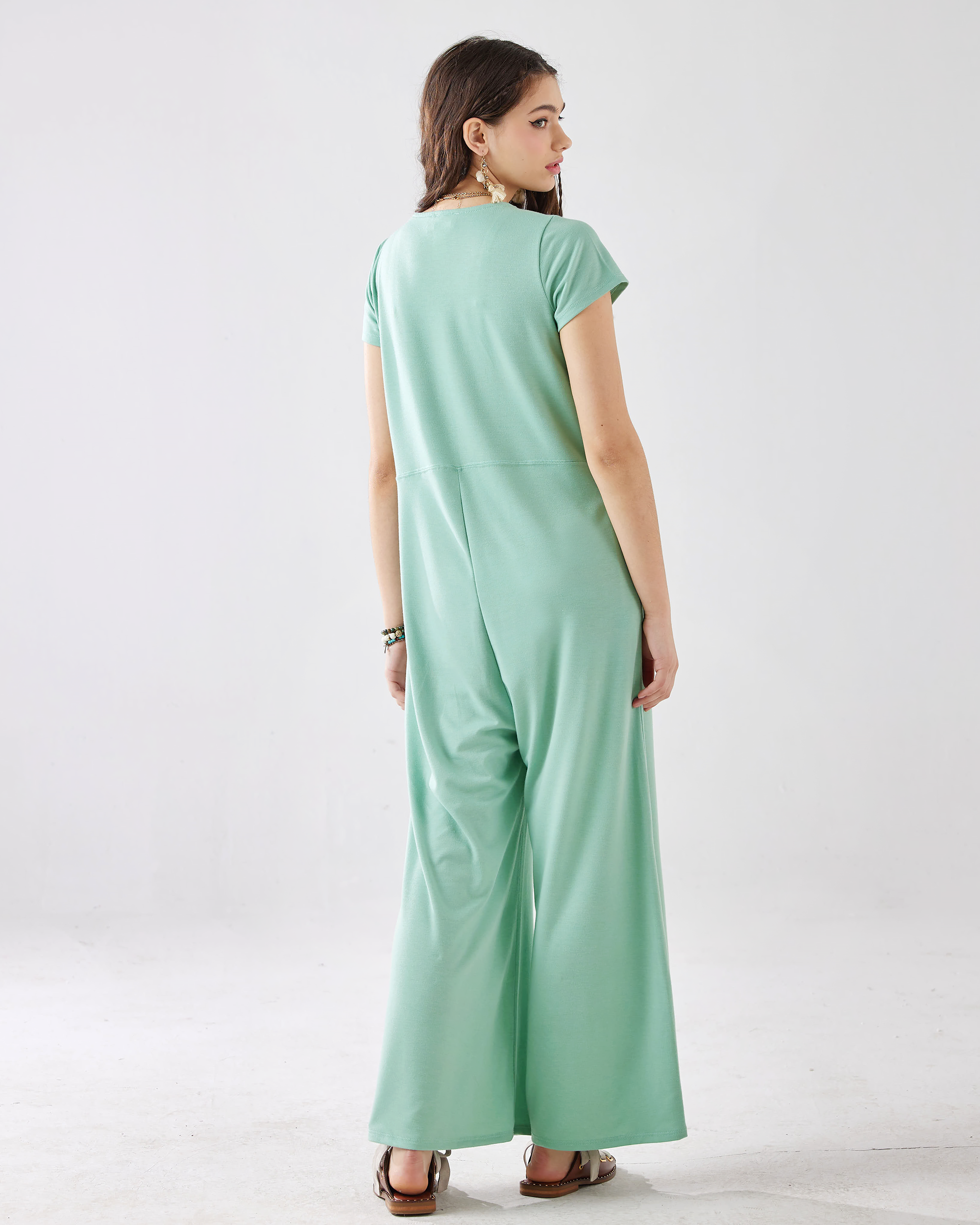 Washed Mint Jumpsuit: Fresh Button-Up Style