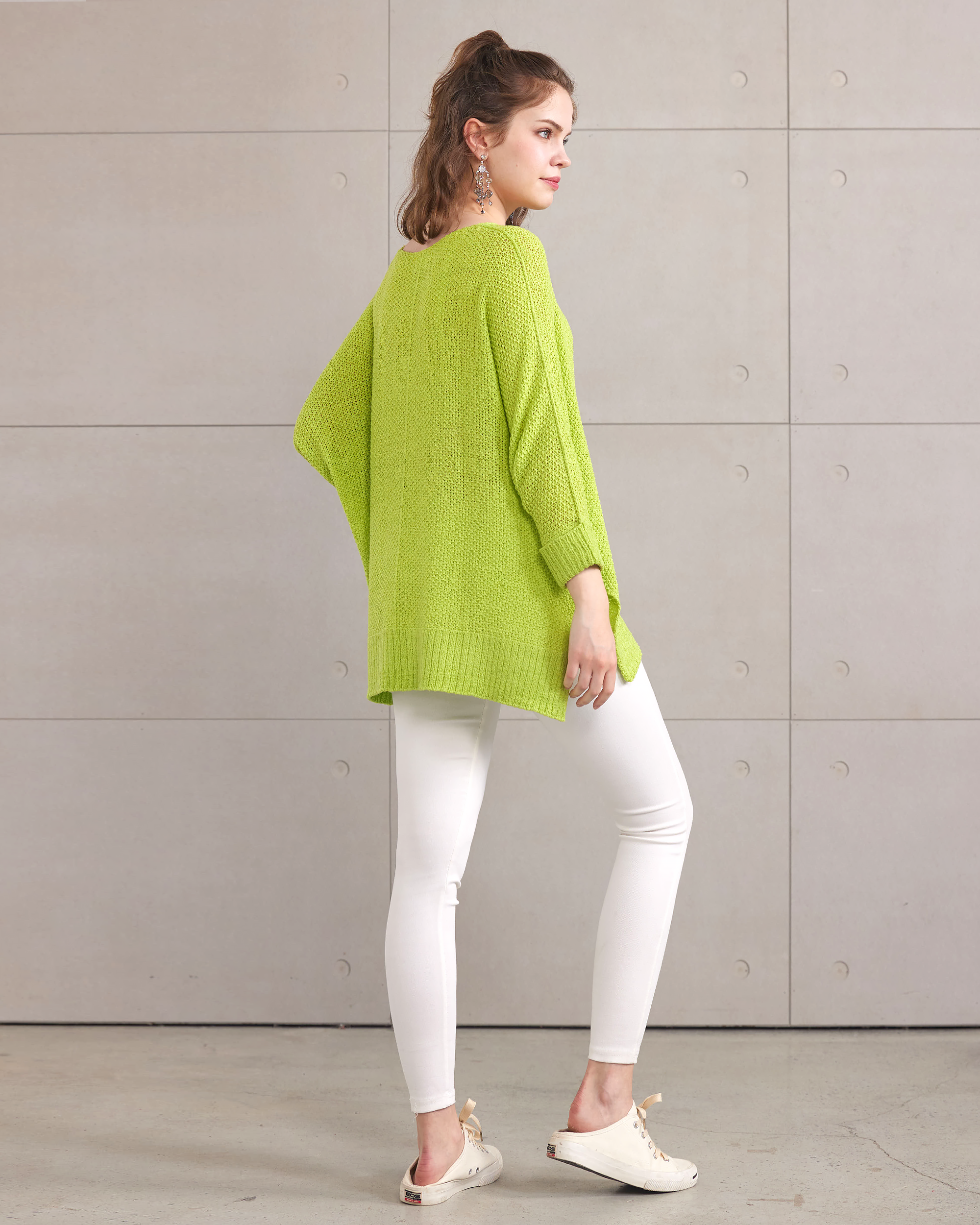Oversized V-Neck Knit Sweater - Lime