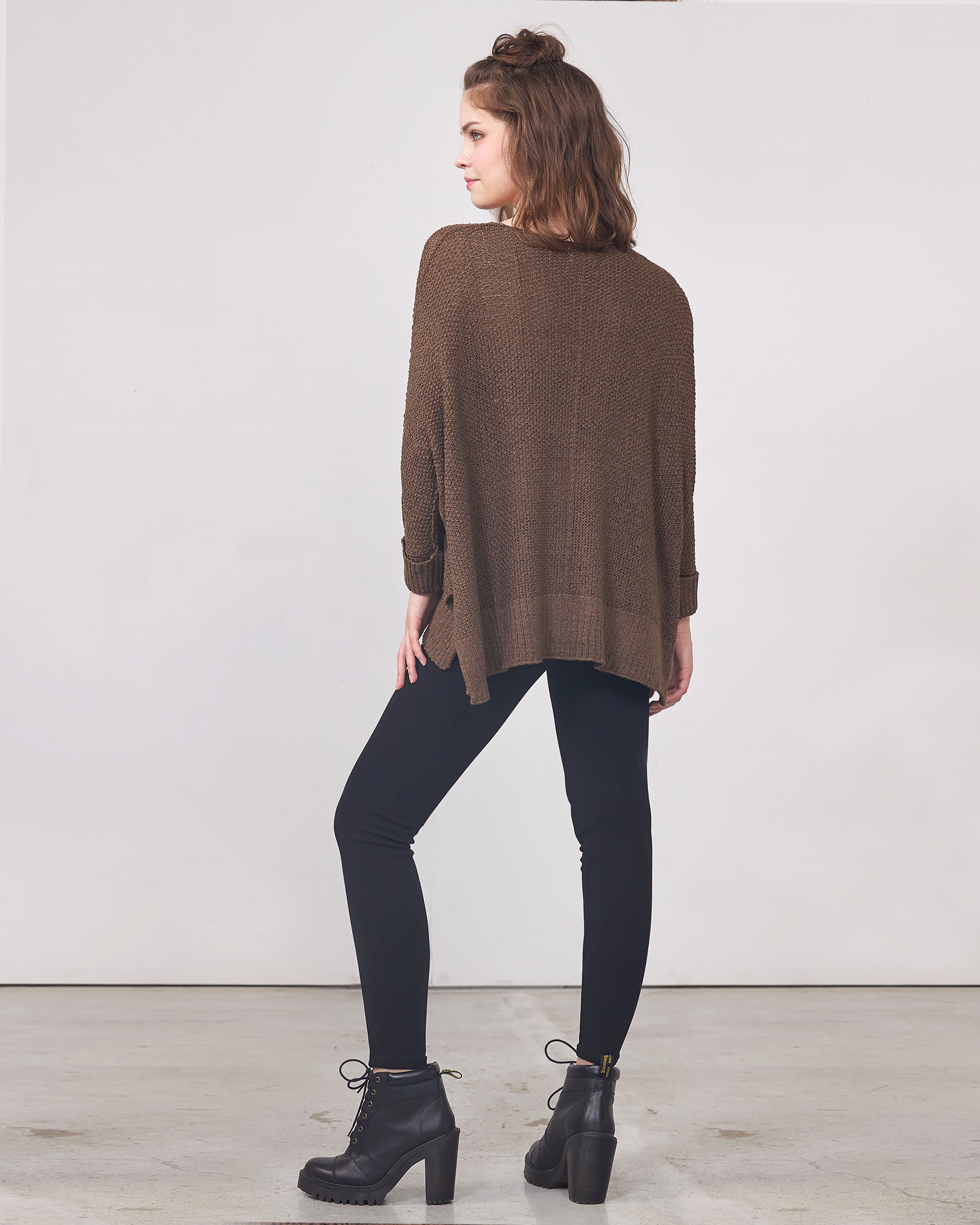 Oversized V-Neck Knit Sweater - Brown