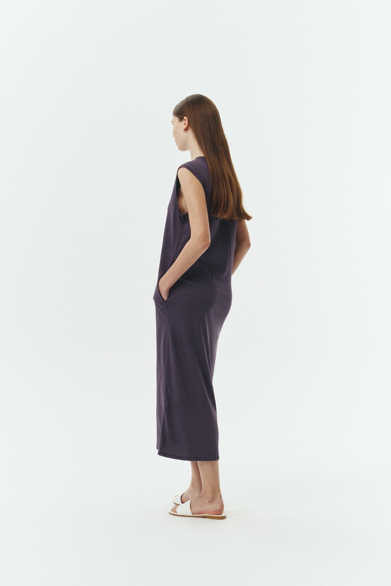 Jade Dress in purple, a sleeveless knit cotton midi dress with side pockets, designed for breathable summer comfort