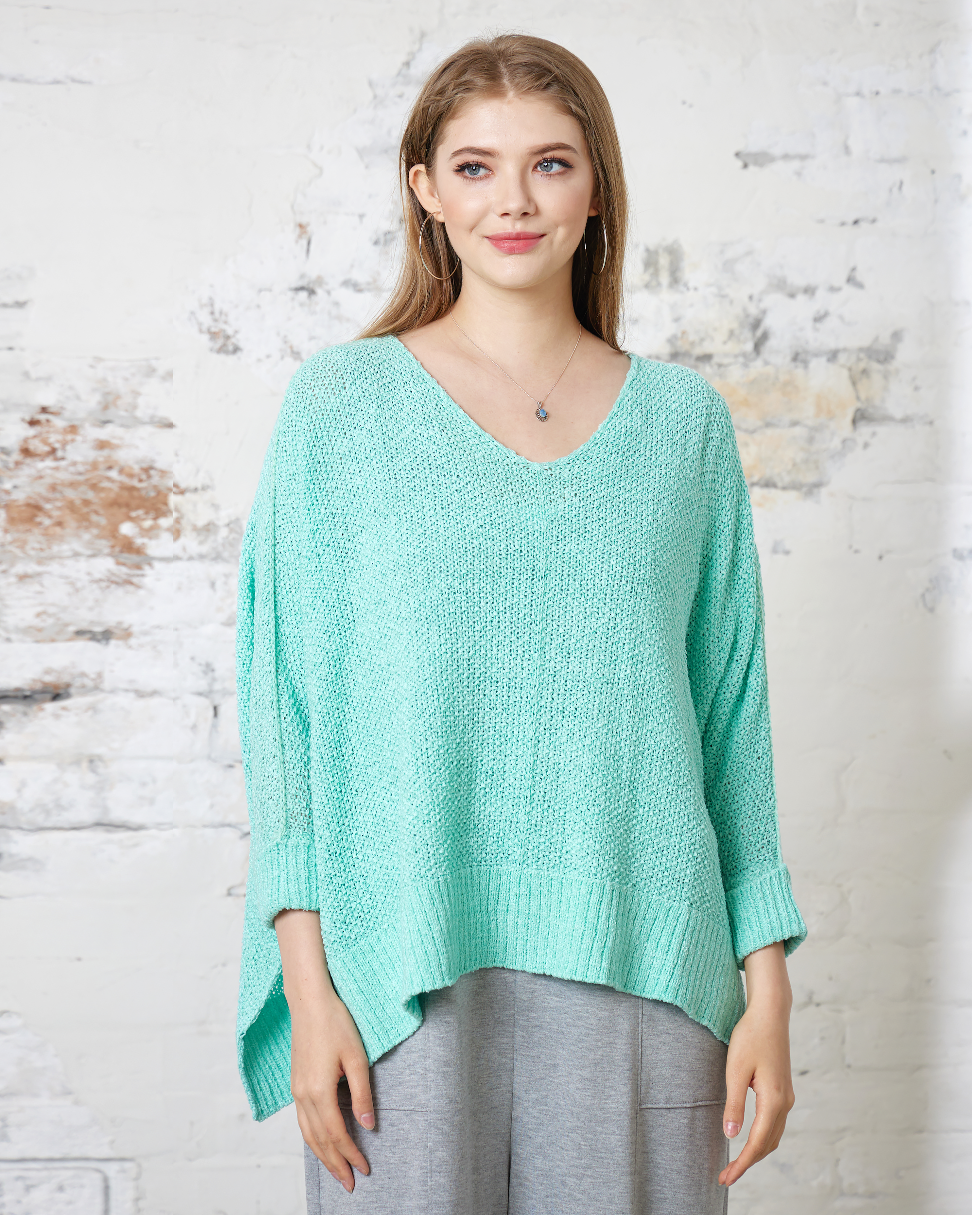 Oversized V-Neck Knit Sweater - Aqua Mint