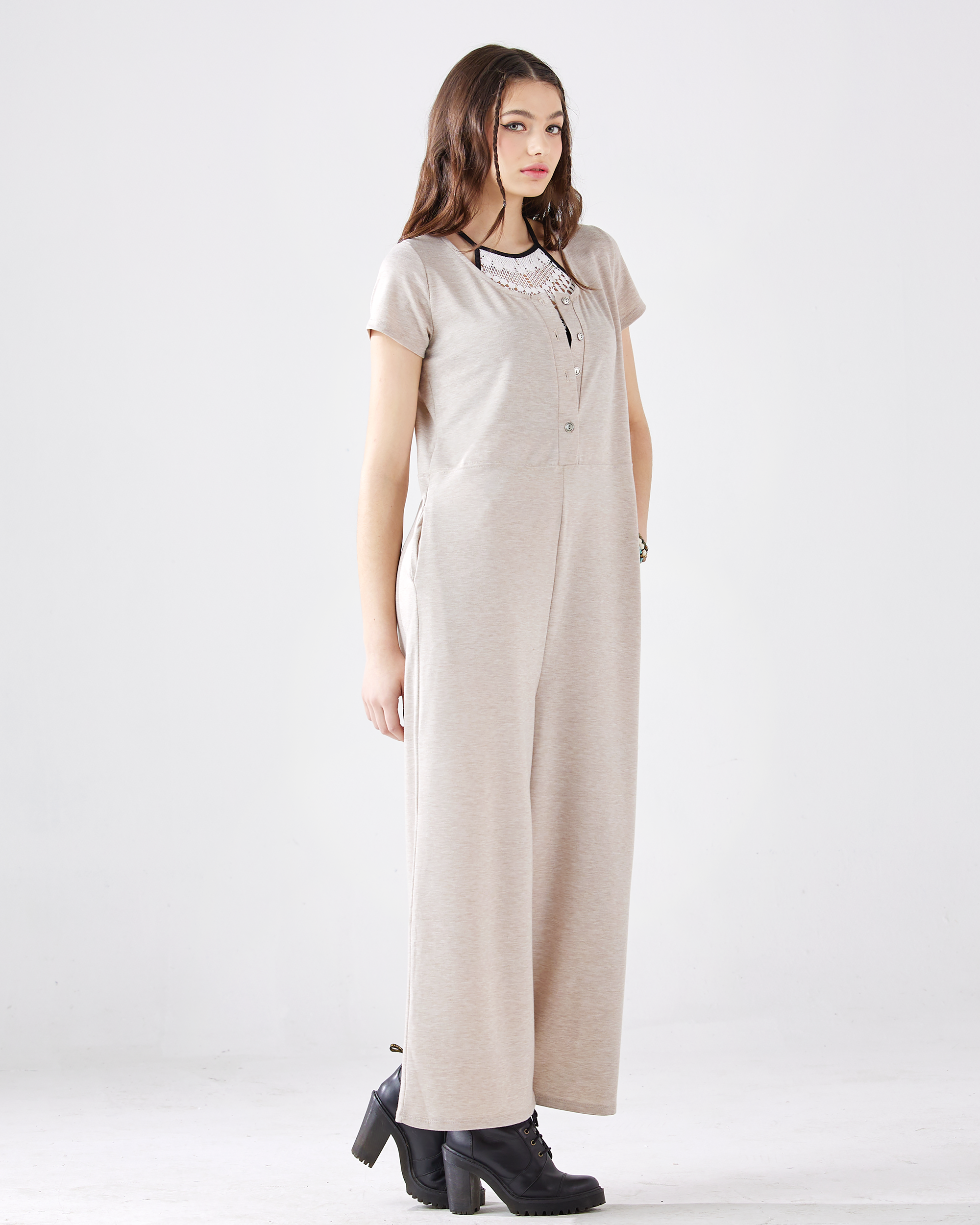 Heather Taupe Jumpsuit: Button-Up Comfort