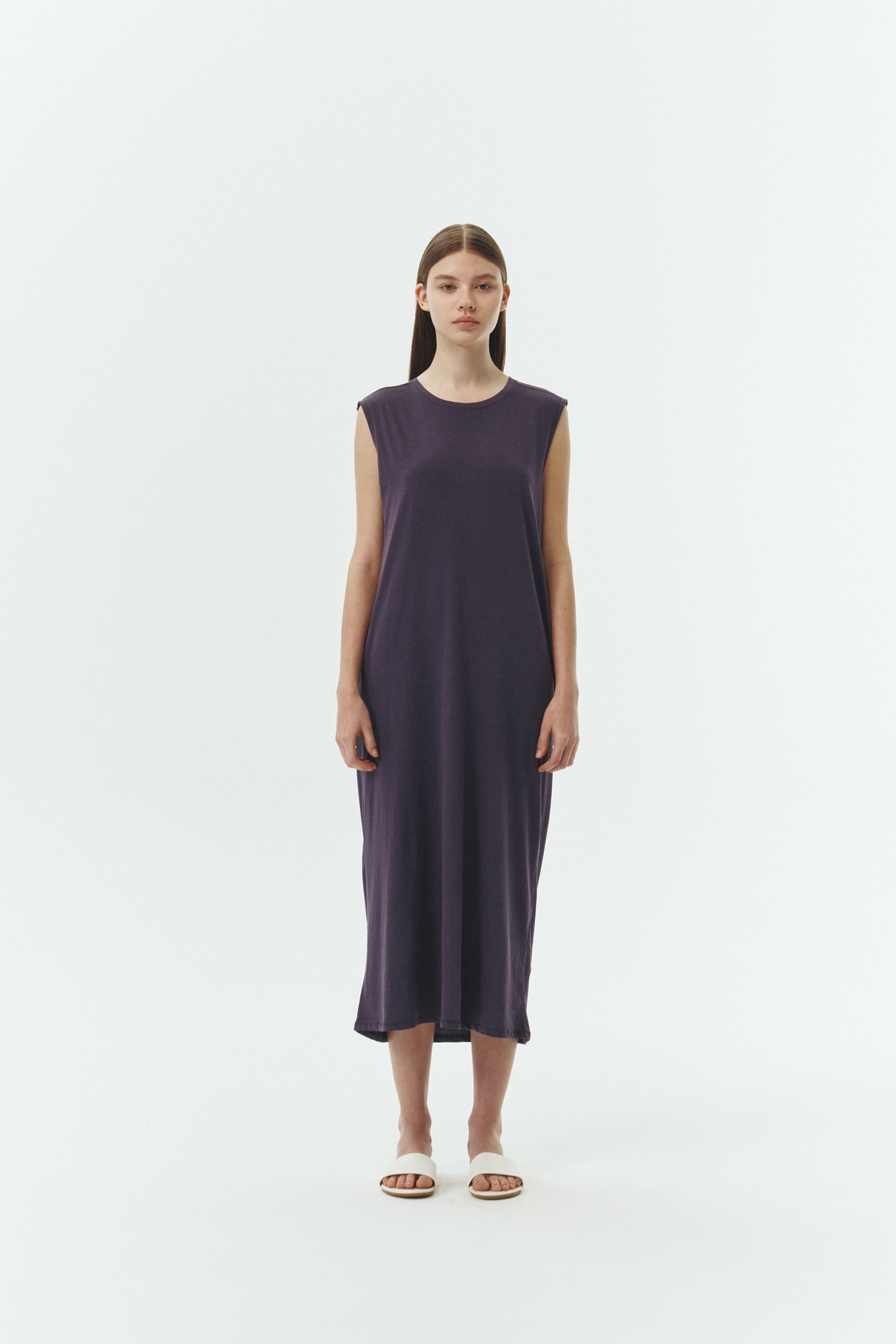 Jade Dress in purple, a sleeveless knit cotton midi dress with side pockets, designed for breathable summer comfort